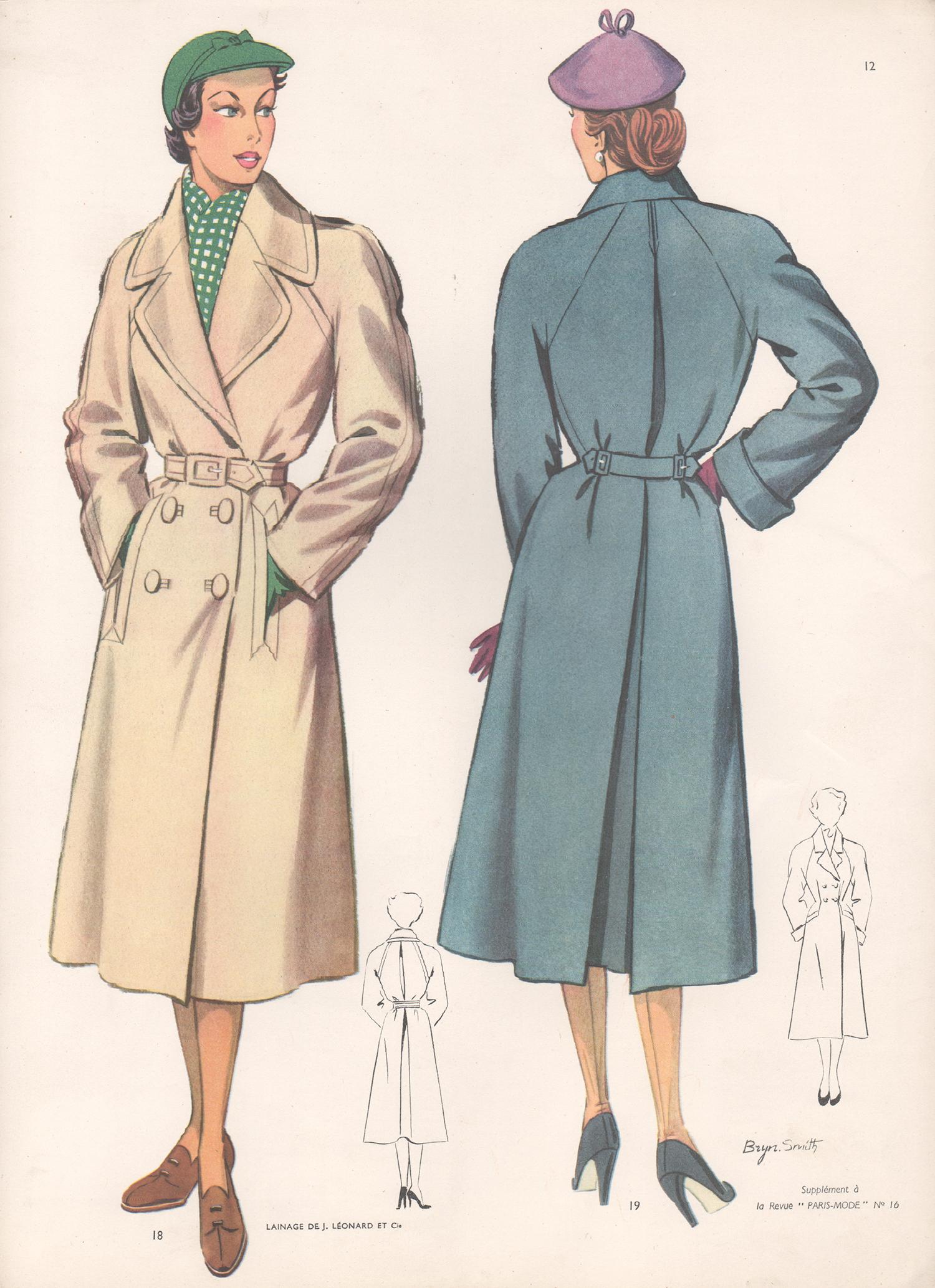 Figurative Print de Bryn Smith - Diseño de moda francés de mediados de siglo de 1952 Traje de chaqueta vintage Estampado de medios tonos
