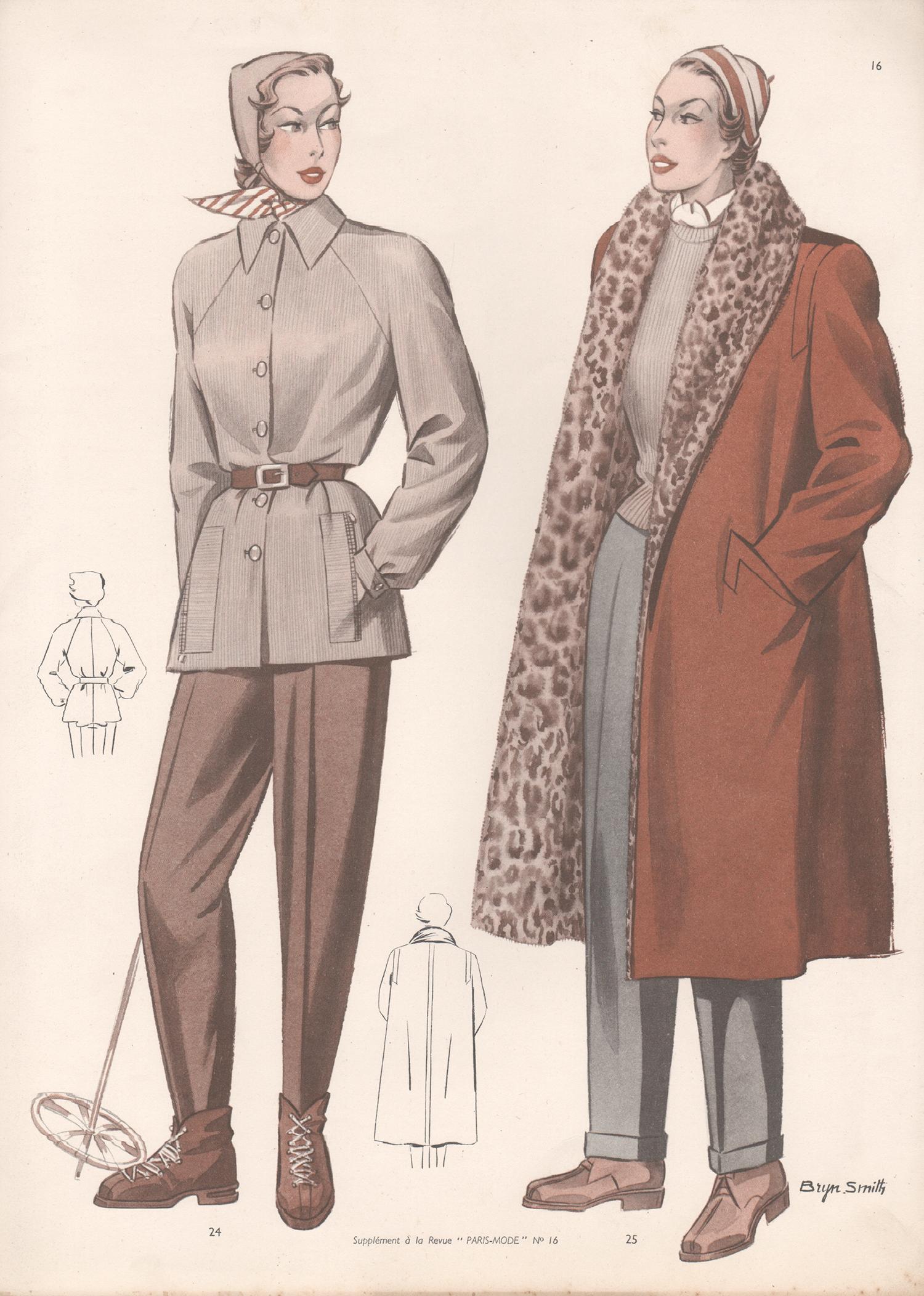 Mid-Century 1952 Damen Mode Design Vintage Mantel Anzug mit Halbfarbendruck