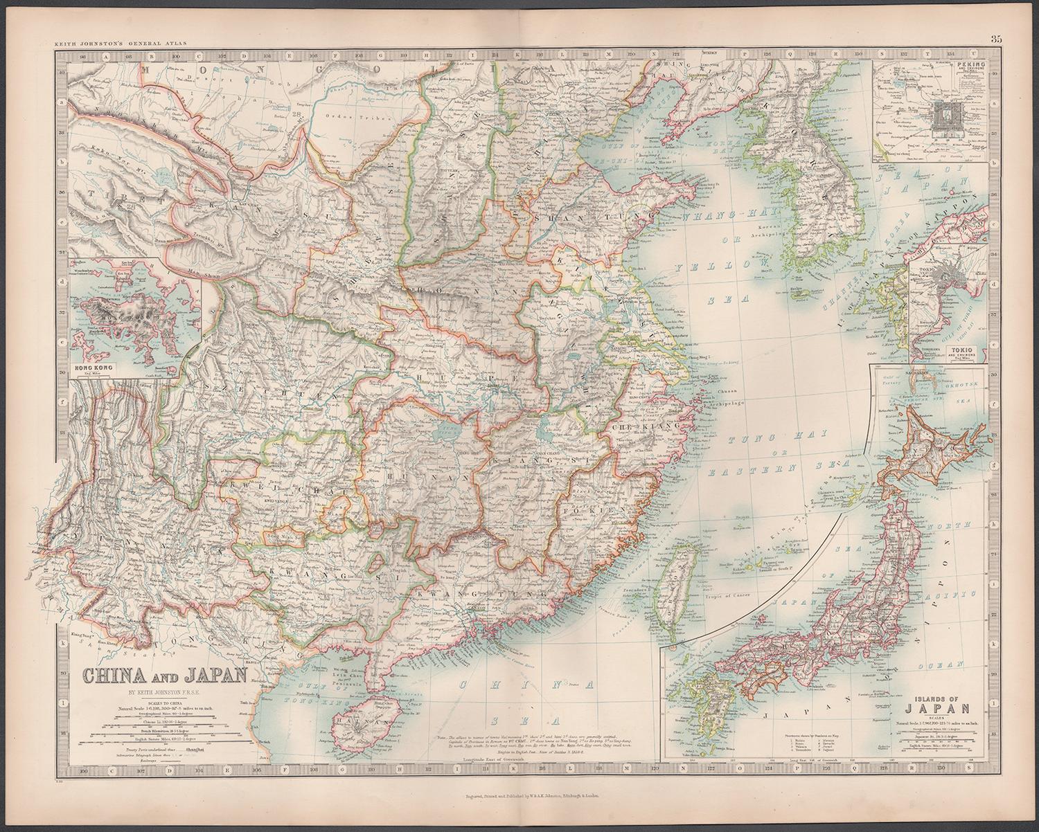 Chine et Japon, carte ancienne anglaise d'Alexander Keith Johnston, 1901