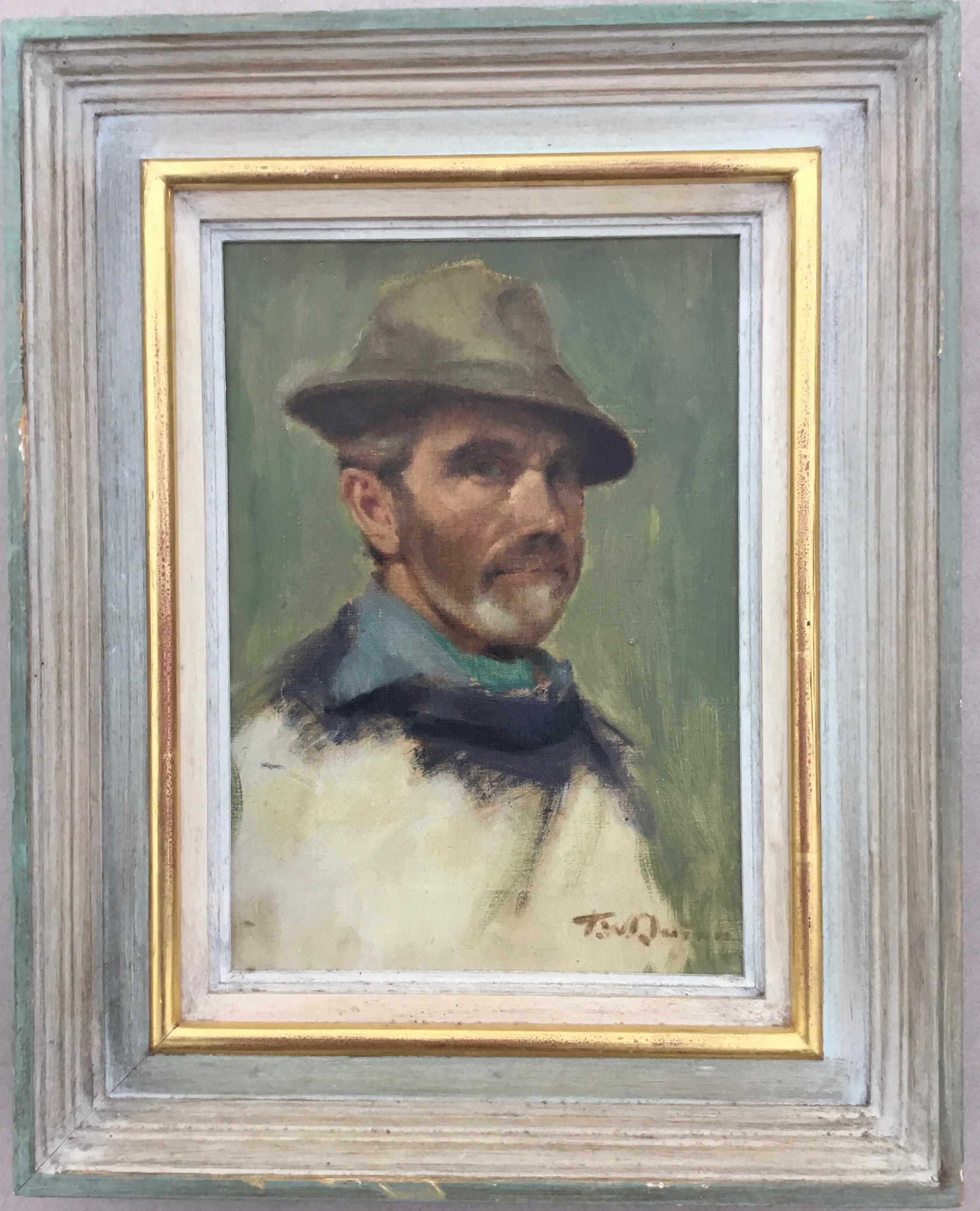 Tom W. Quinn Portrait Painting – Impressionistisches Porträtgemälde, T W Quinn, Ölgemälde, Mann mit Hut, gerahmt