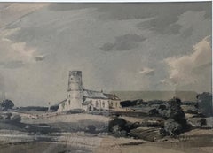 HADDISCOE CHURCH NORFOLK Arthur E Davies RBA Landscape Watercolor Drawing 1972
