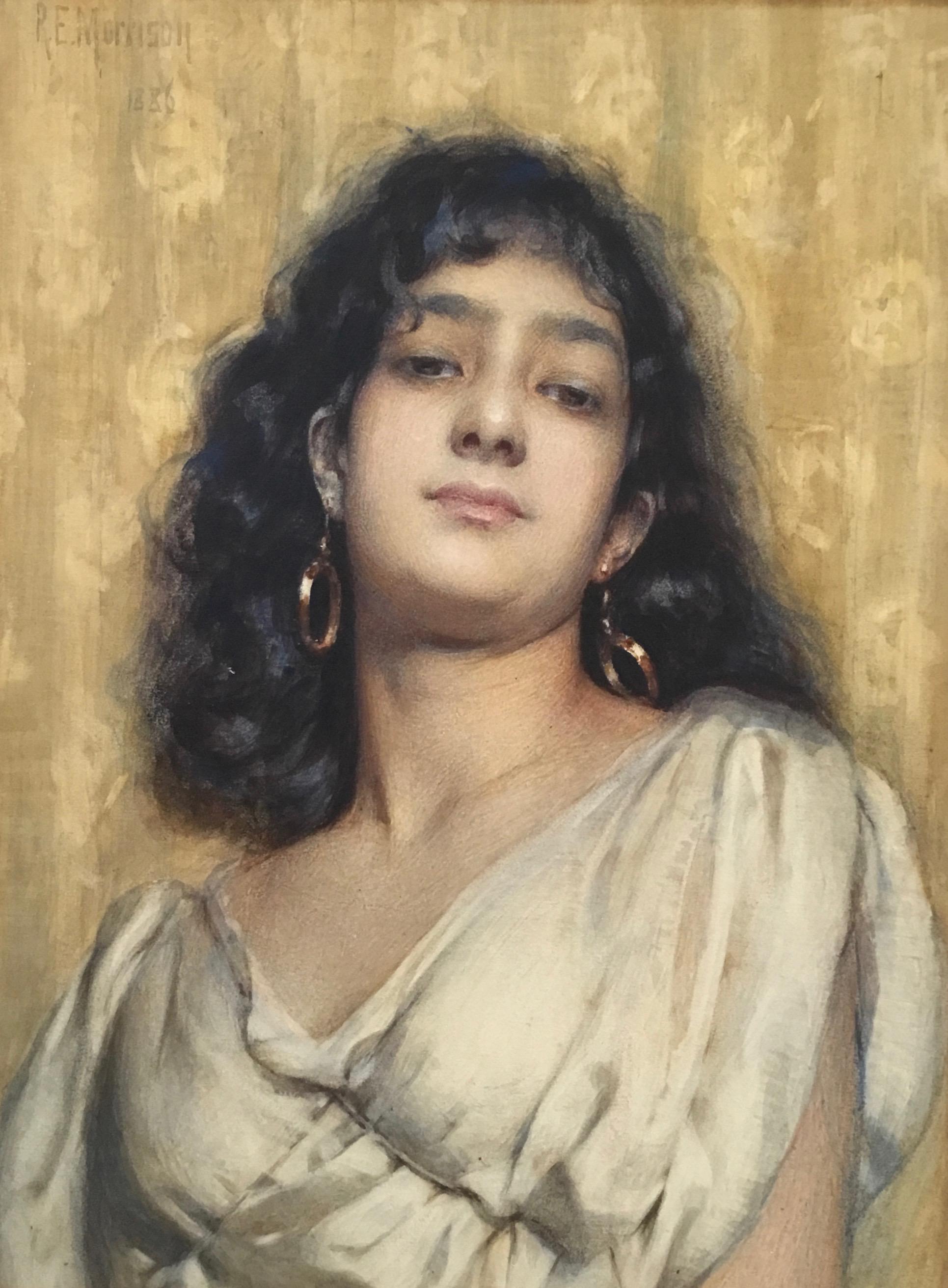 THE GOLD EARRINGS 1886 Robert Edward Morrison, portrait pré-raphaélite, aquarelle en vente 1