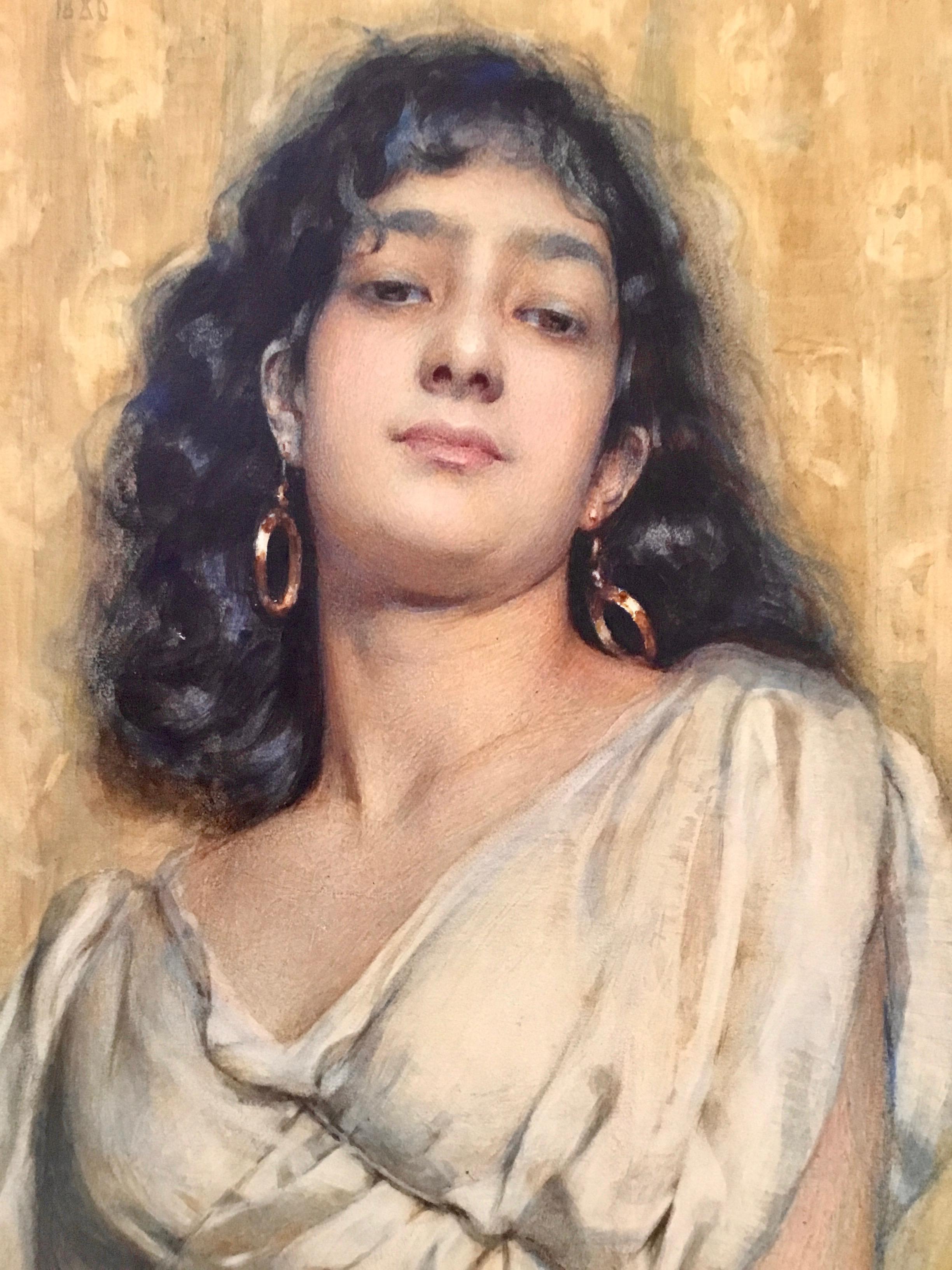 THE GOLD EARRINGS 1886 Robert Edward Morrison, portrait pré-raphaélite, aquarelle en vente 2