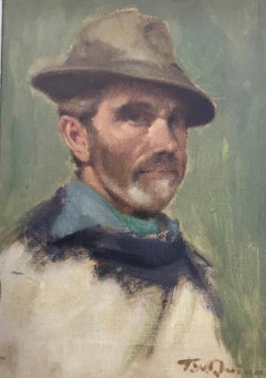 Peinture de portrait impressionniste - T W Quinn - Peinture à l'huile - Homme avec chapeau encadré