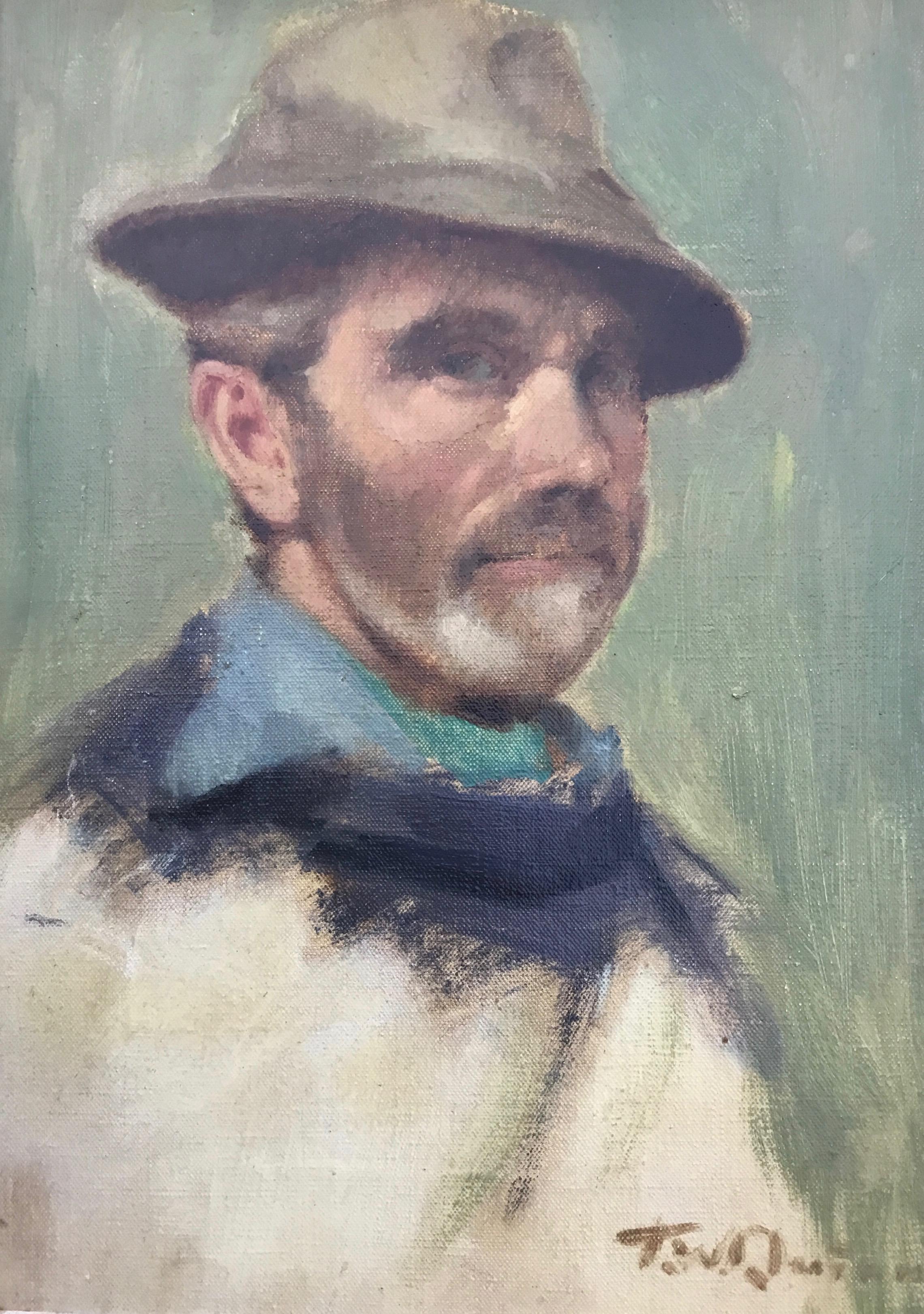 Impressionistisches Porträtgemälde, T W Quinn, Ölgemälde, Mann mit Hut, gerahmt (Impressionismus), Painting, von Tom W. Quinn