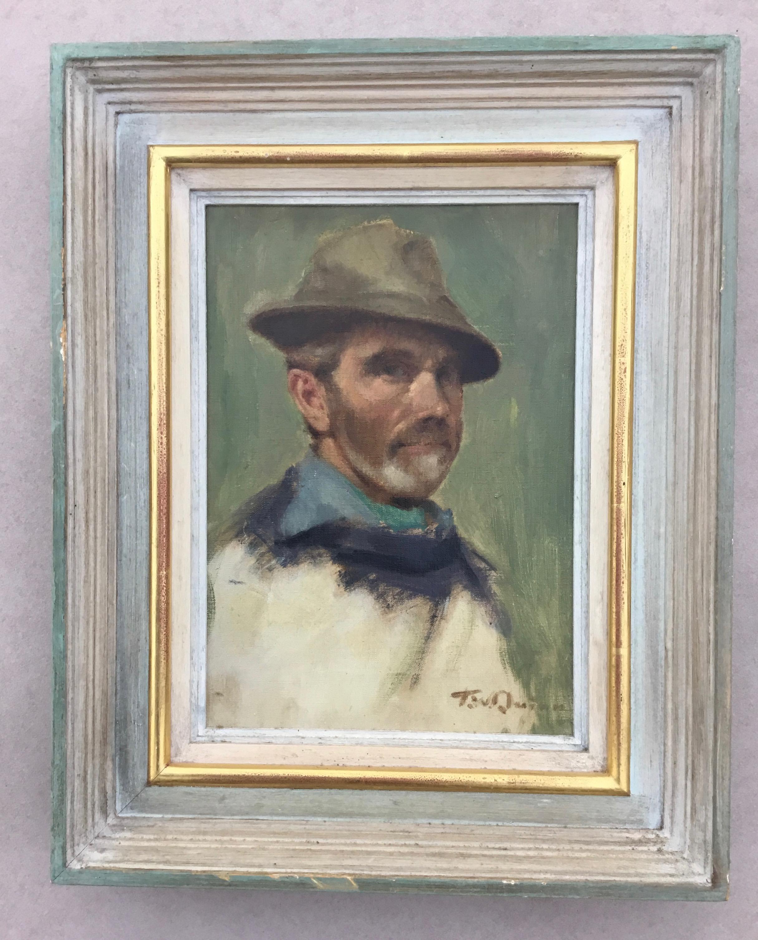 Impressionist Portrait Painting T W Quinn Oil Painting Man with hat Framed For Sale 2