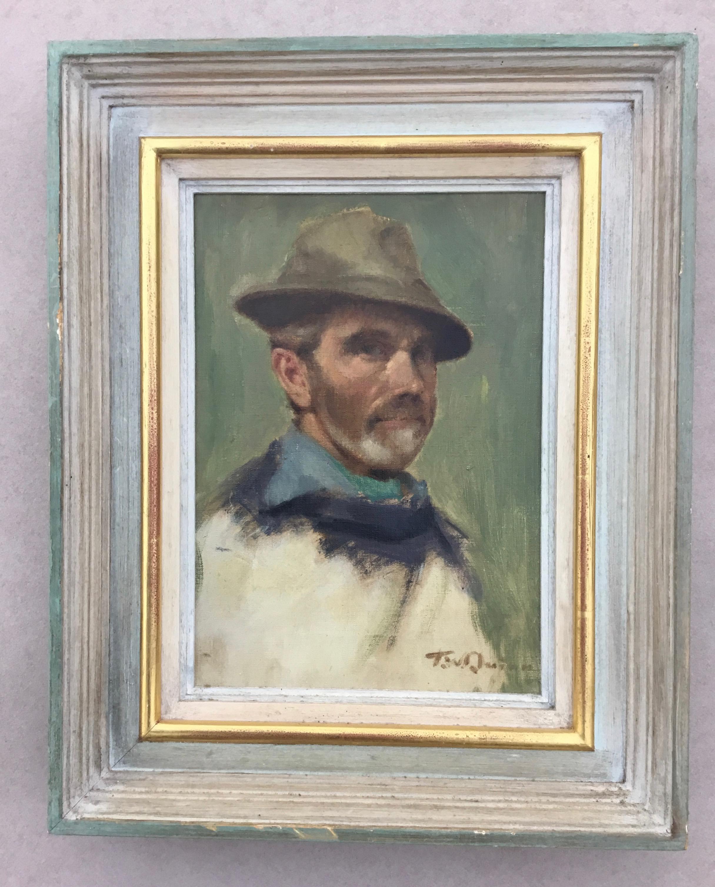 Impressionistisches Porträtgemälde, T W Quinn, Ölgemälde, Mann mit Hut, gerahmt im Angebot 1