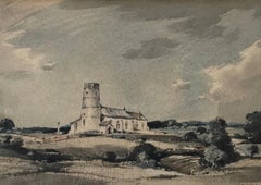 HADDISCOE CHURCH NORFOLK Arthur E Davies RBA Landscape Watercolor Drawing 1972