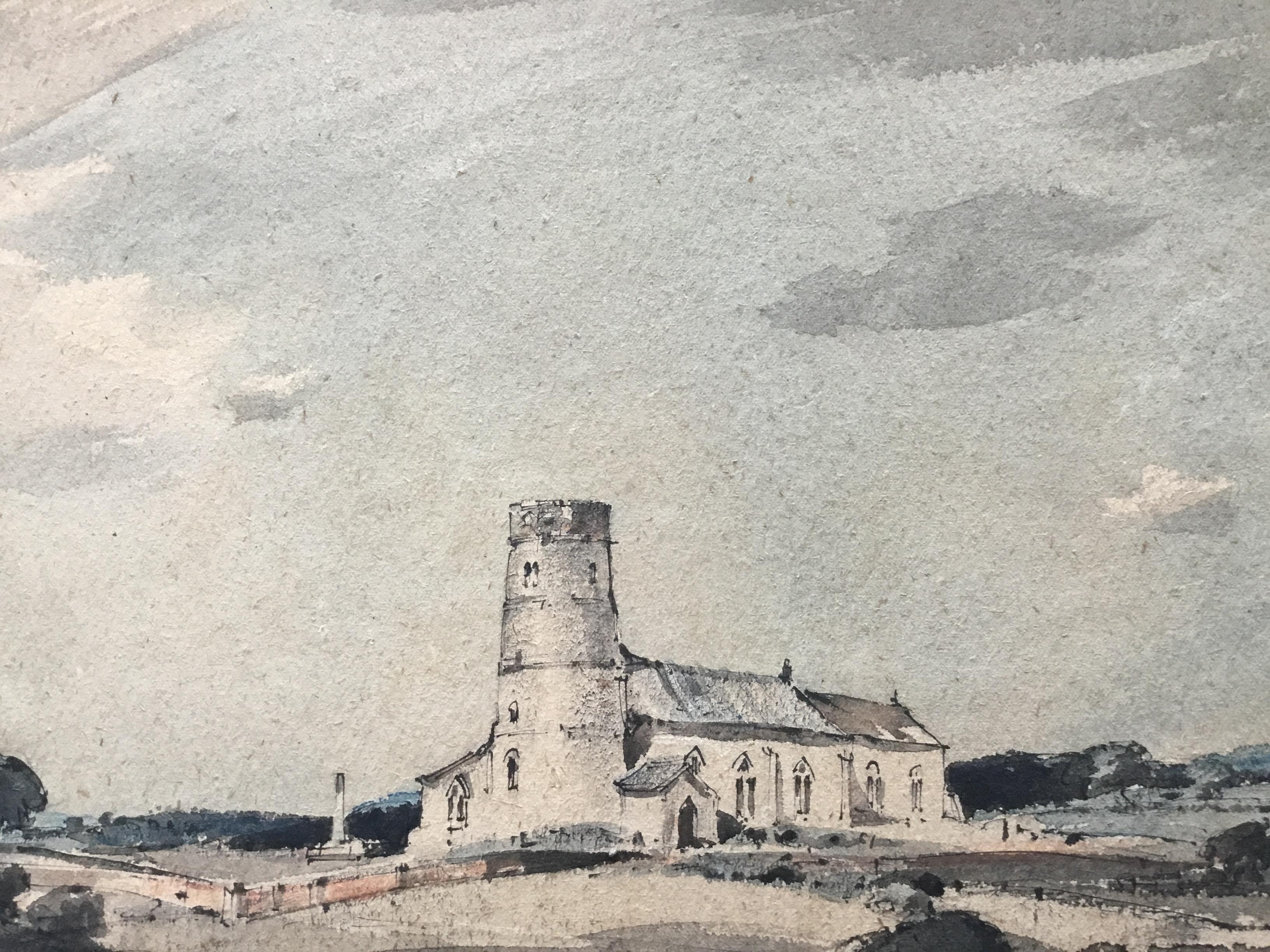 HADDISCOE CHURCH NORFOLK Arthur E Davies RBA Landscape Watercolor Drawing 1972 For Sale 2