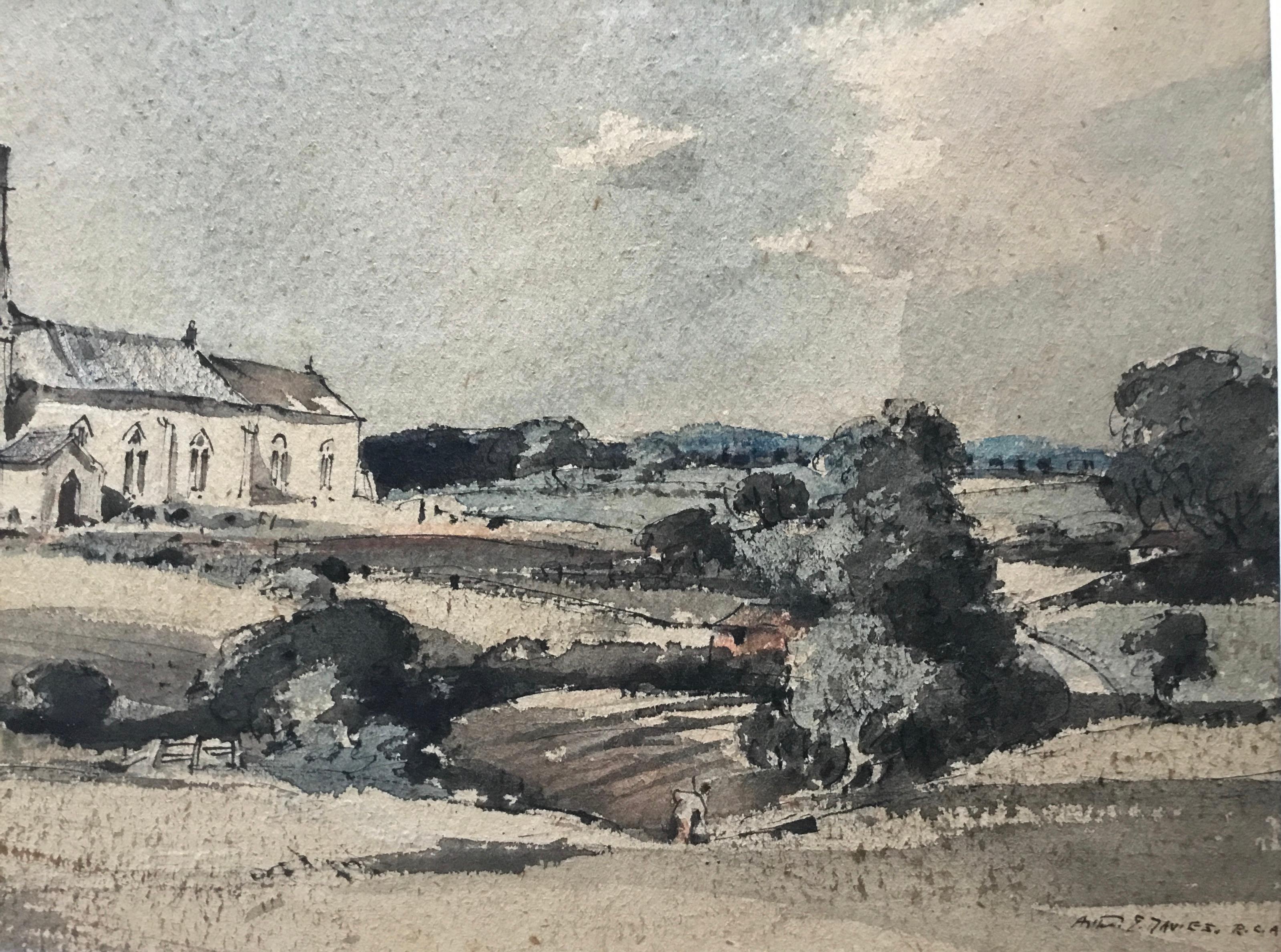 HADDISCOE CHURCH NORFOLK Arthur E Davies RBA Landscape Watercolor Drawing 1972 For Sale 3