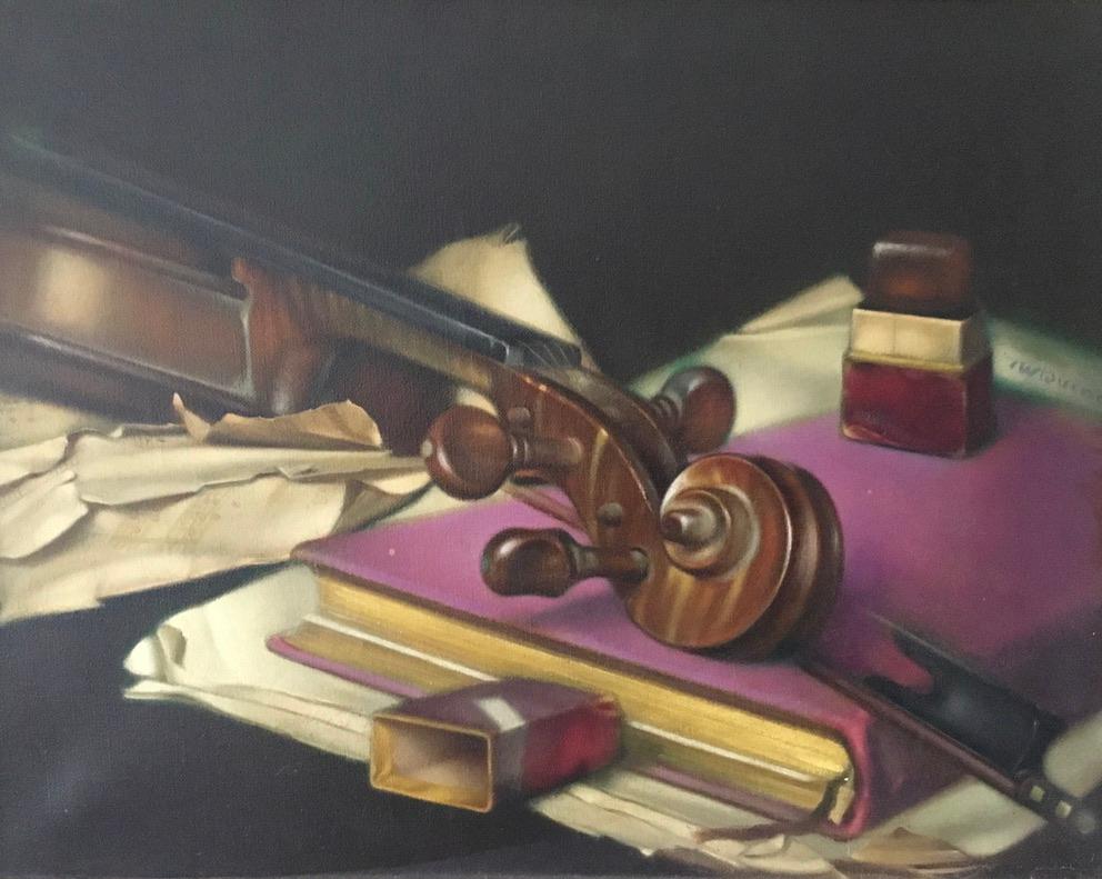 STILLLEBEN MIT STRADIVARIUS T W QUINN BRITISCHER KÜNSTLER (Impressionismus), Painting, von TOMAS WILLIAM QUINN