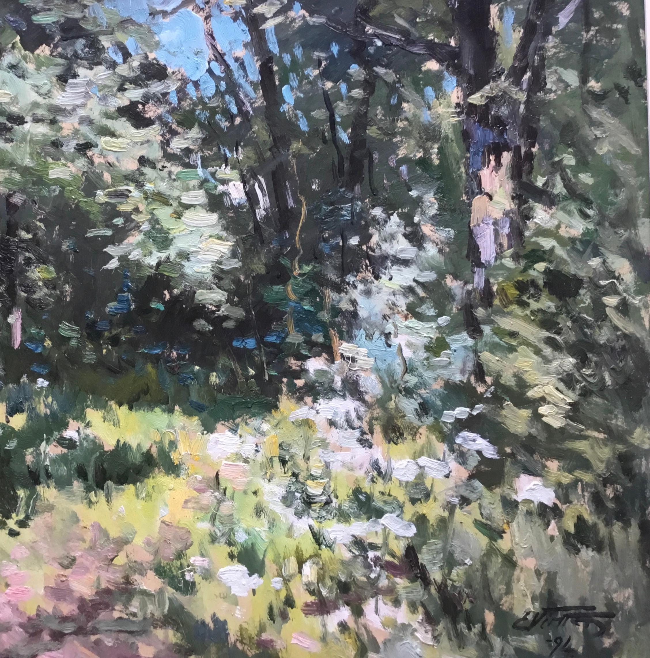 IN THE SHADE OF THE TREES.EDGAR VINTERS 1914_2014 impressionist  - Gray Landscape Painting by Edgar Vinters