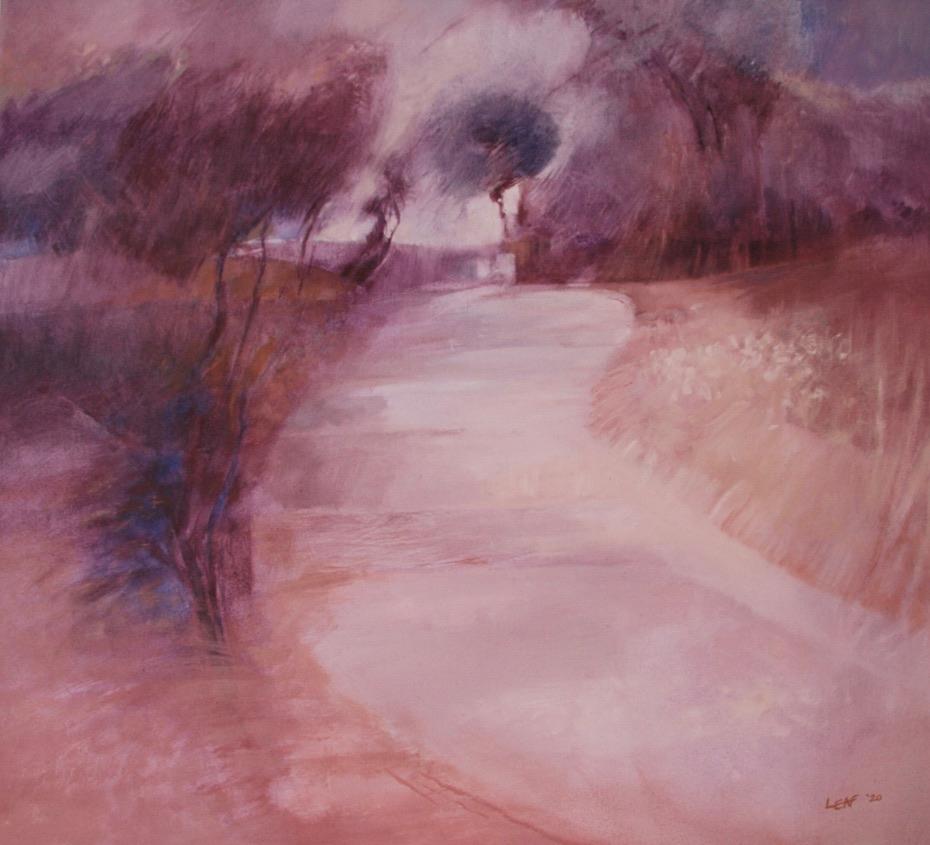 VALLE de COLONYA POLLENCA. JOHN LEAF , artiste britannique contemporain - Violet Landscape Painting par John Leaf