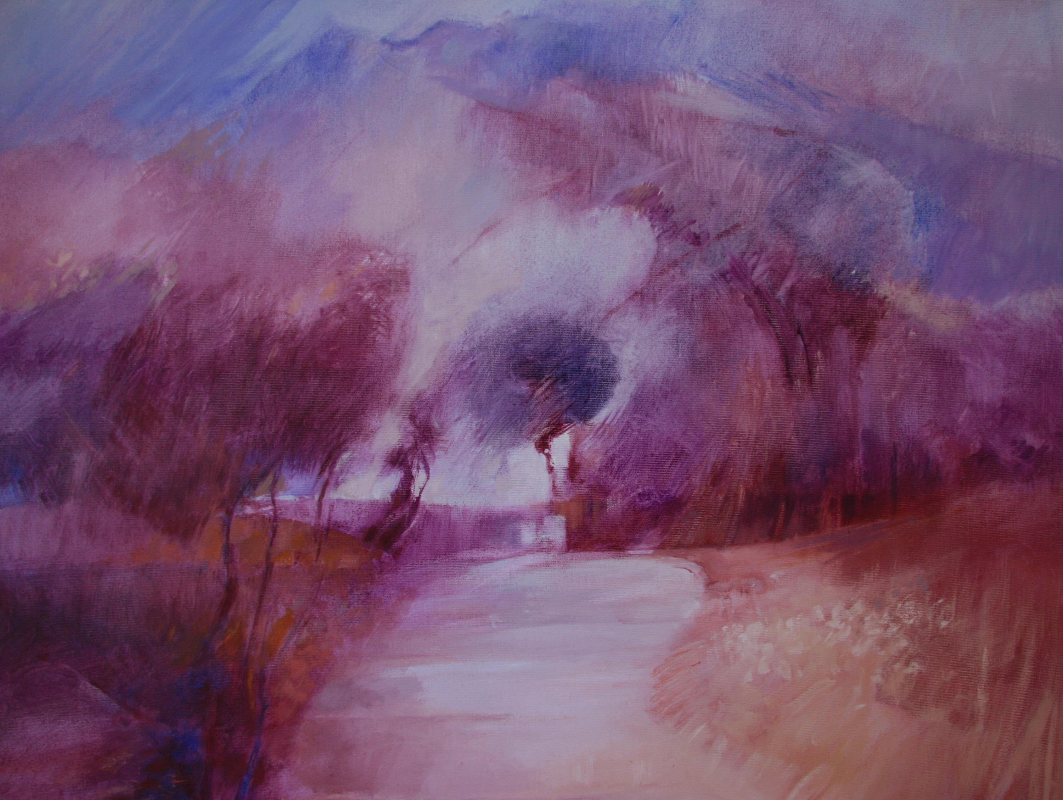VALLE de COLONYA POLLENCA. JOHN LEAF contemporary British artist - Purple Landscape Painting by John Leaf