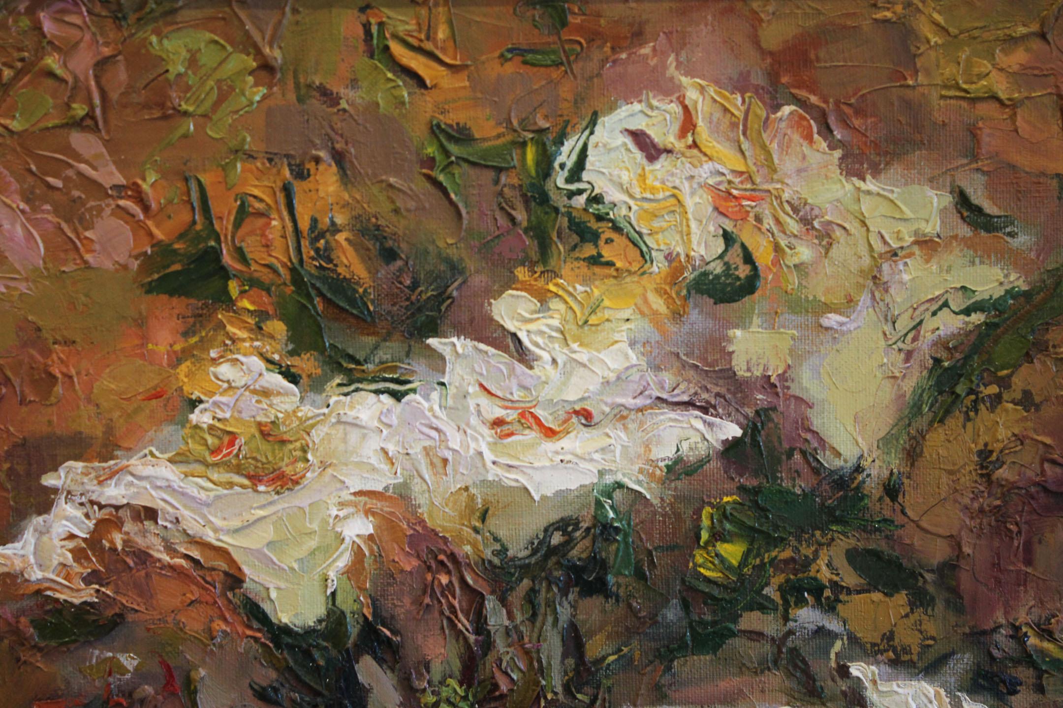 White Flowers - Abstract Impressionist Painting by Tuman Zhumabaev