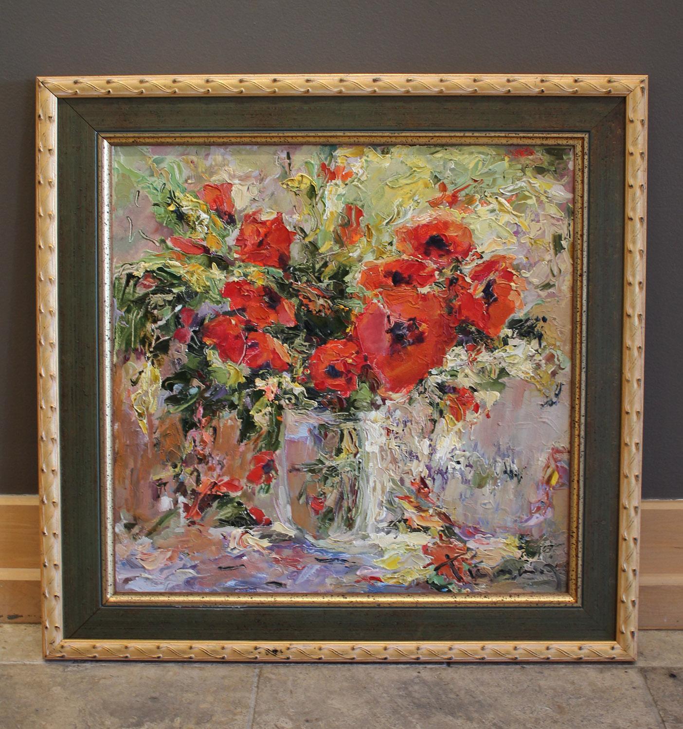 Rote Pflanzgefäße – Painting von Tuman Zhumabaev