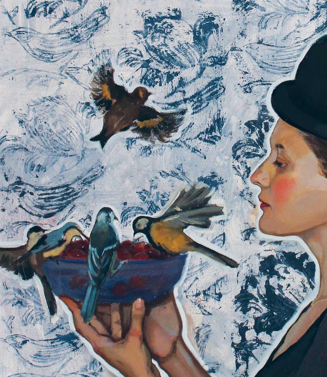 Fruit for Those Who Fly - Gray Figurative Painting by Alina Sharovskaya