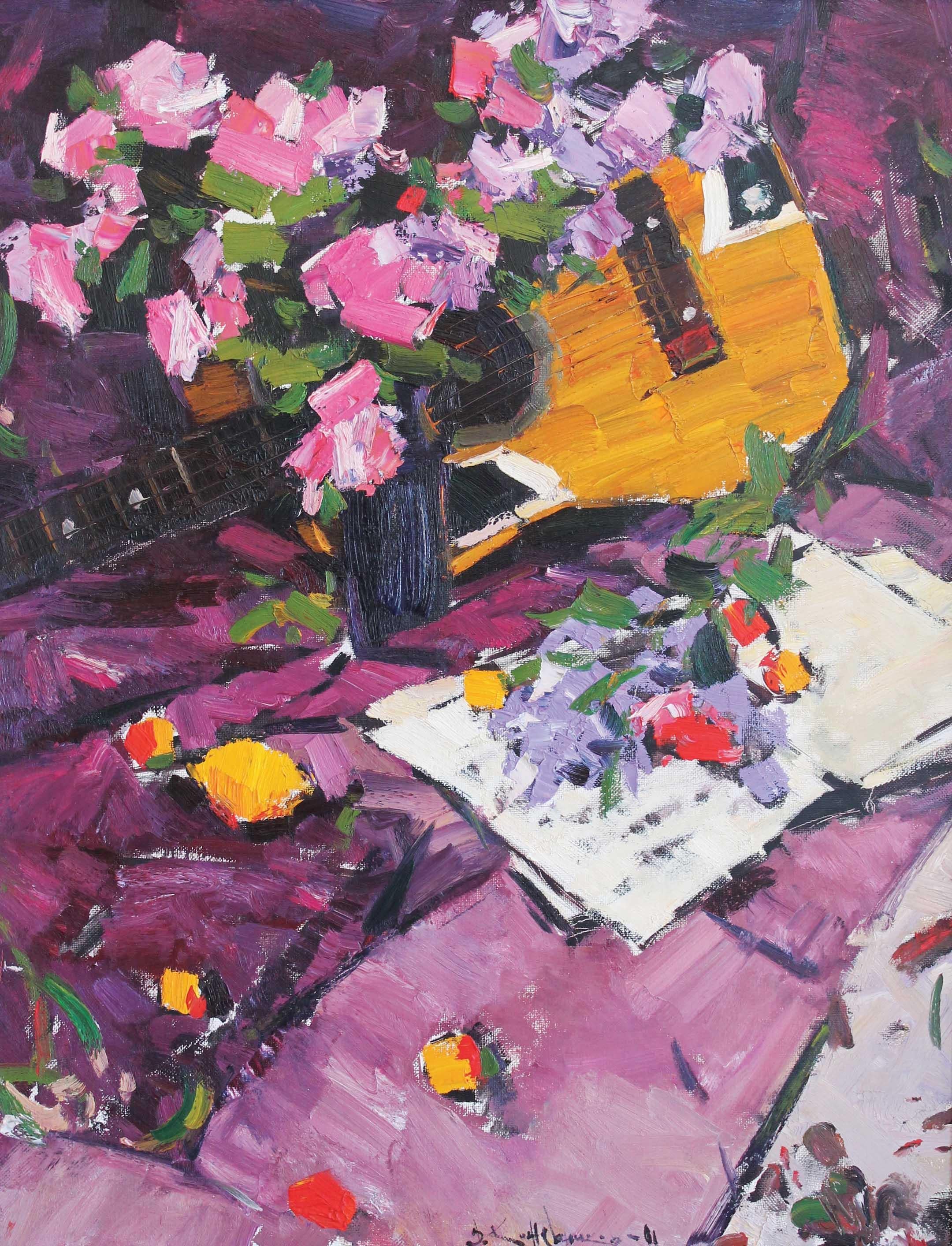 Vladimir Kozhevnikov Still-Life Painting - Roses and Guitar