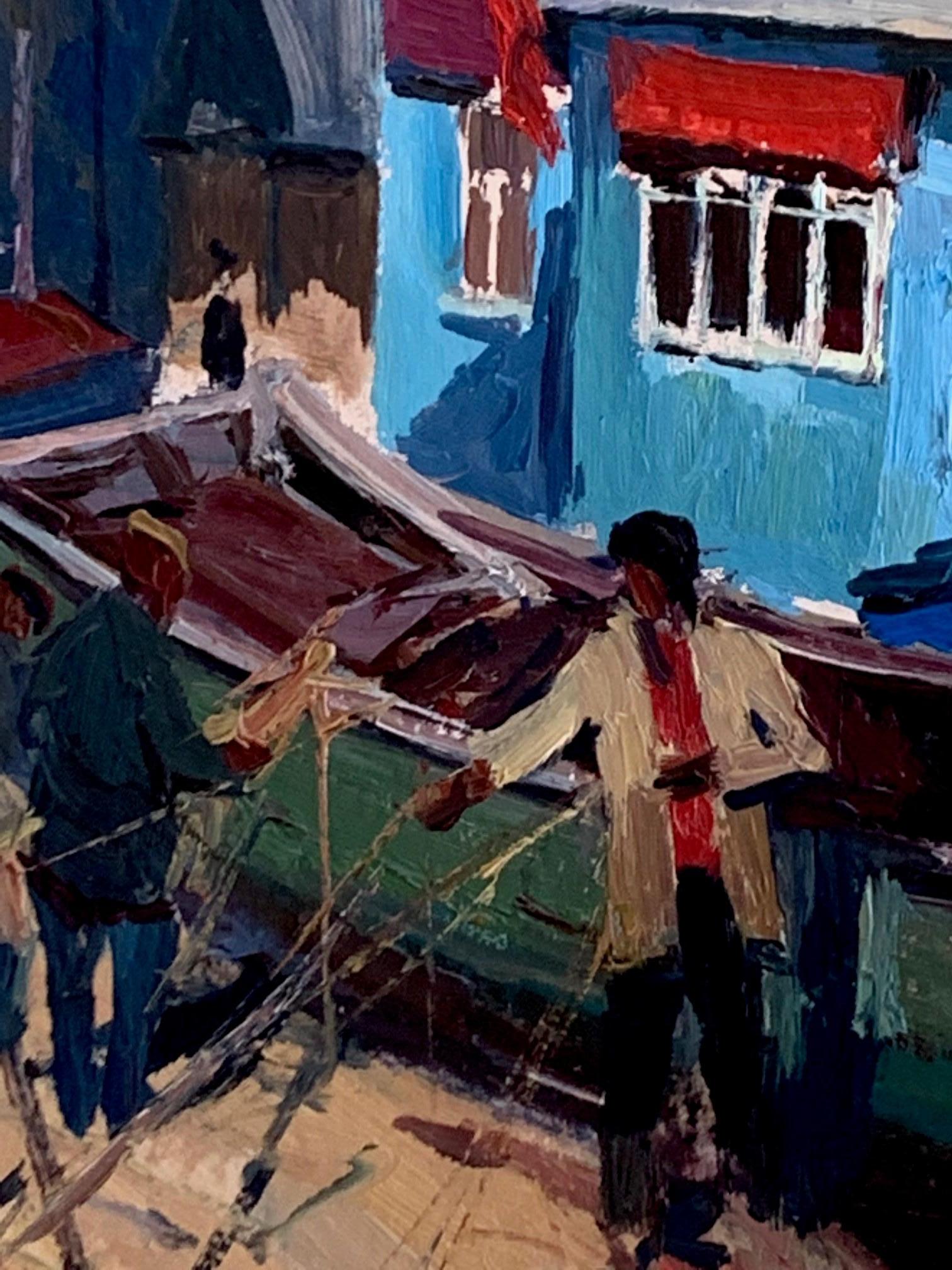 Fishermen - Black Landscape Painting by Alexandr Kalugin