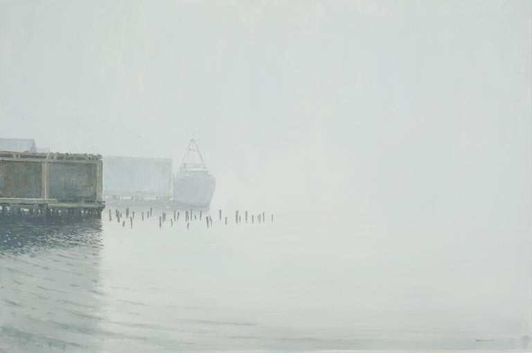 This painting is a contemporary interpretation of a misty day enveloping a fishing wharf in Gloucester, Massachusetts. The beautiful, sensitive rendering of light is subtle and modern.

Spencer is a young emerging artist and one of the top painters