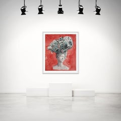 Abstract Red, Black & White Watercolor of Marble Sculpture with Engine  