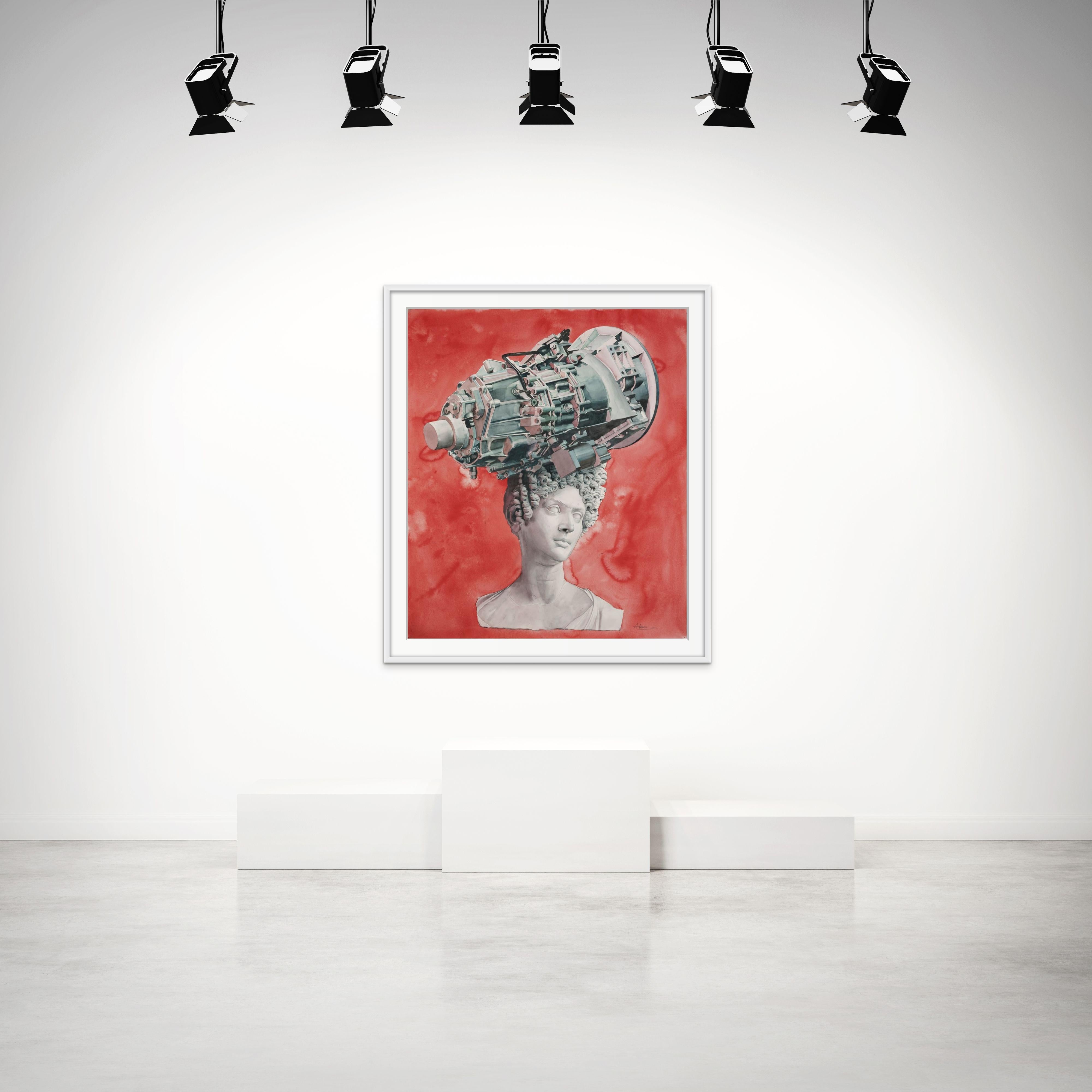 Abstract vs. Figurative Watercolor of Marble Sculpture with Engine   - Art by Alain Pino