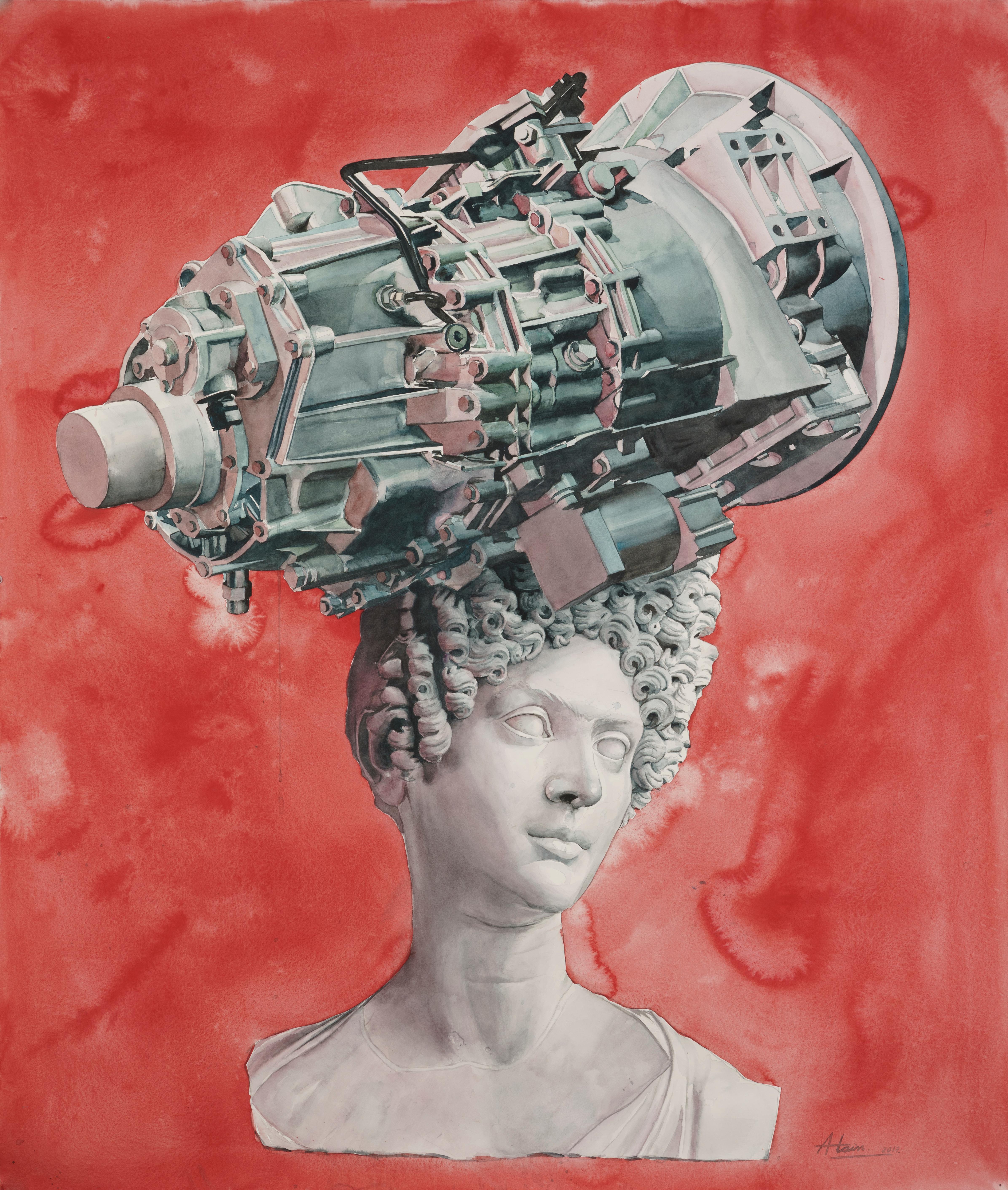 Alain Pino Abstract Drawing - Abstract vs. Figurative Watercolor of Marble Sculpture with Engine