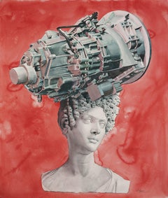 Abstract vs. Figurative Watercolor of Marble Sculpture with Engine