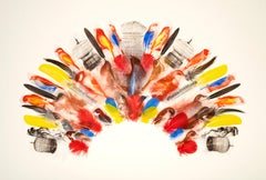 Bird Catchers Headdress - Modern Art, Feathers, Ink, Collage, Etching Press 