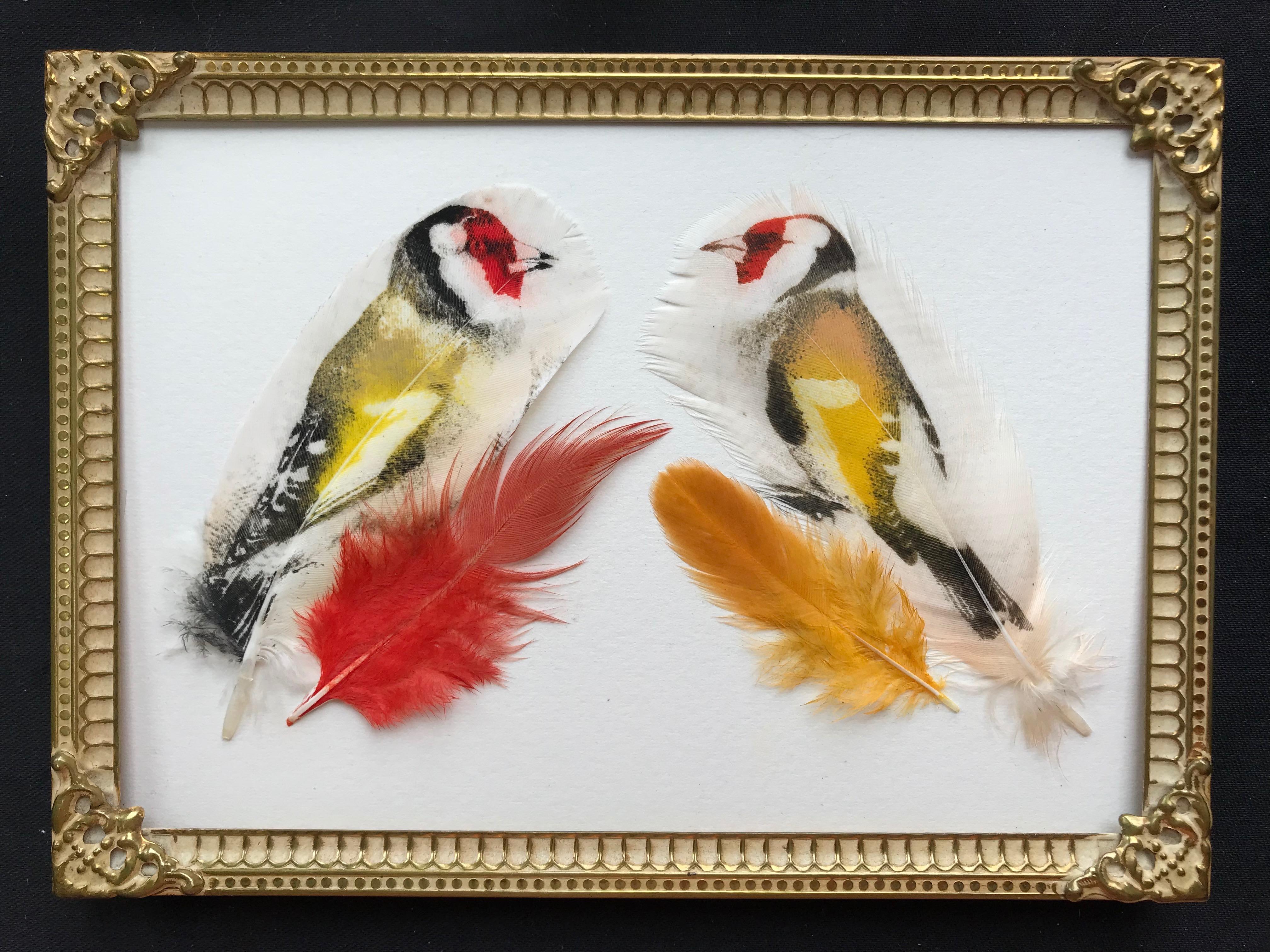 Two Goldfinches - Goldfinch, Feathers, Dome Frame, Birds, Nature, Vintage, Brass - Mixed Media Art by Rebecca Jewell