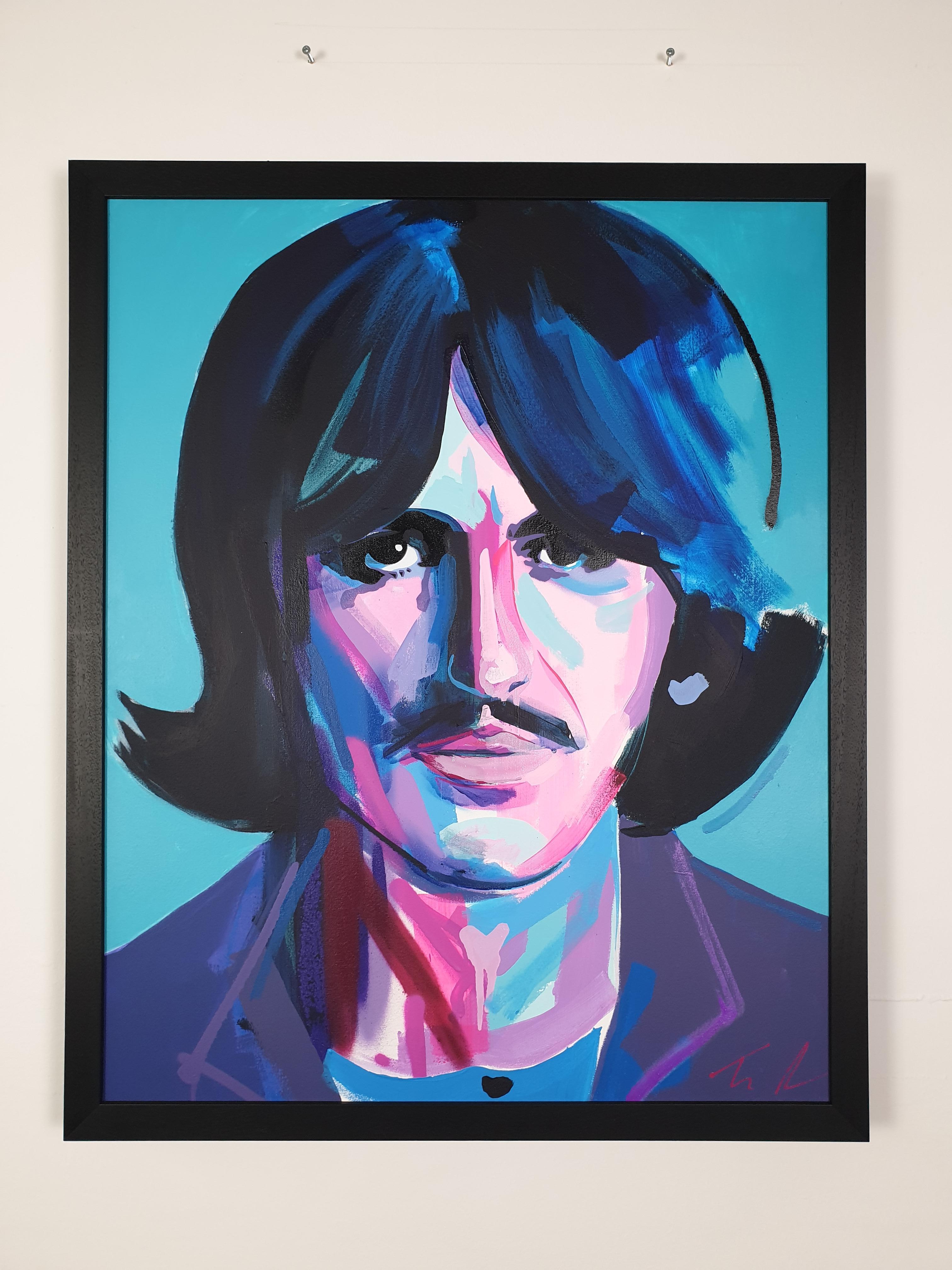 George - George Harrison, The Beatles, Pop Art, Acrylic, Enamel Gloss, Canvas  - Painting by Tim Fowler