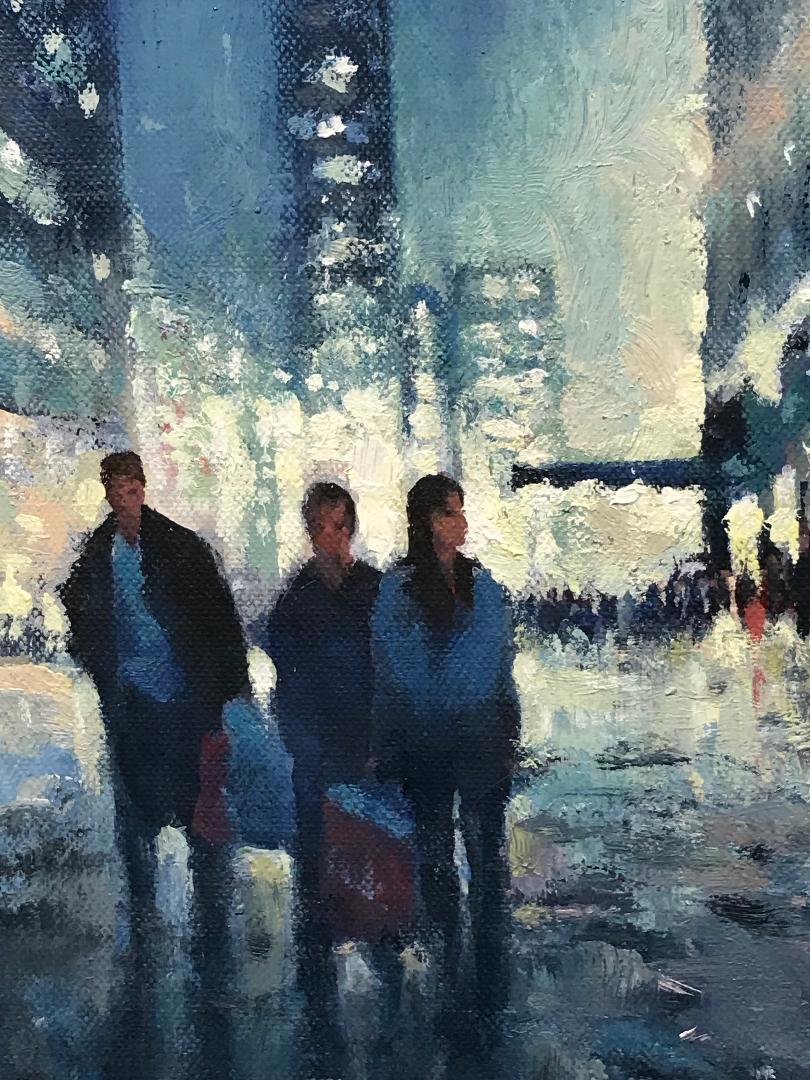 Evening Macy's is an oil painting on panel that showcases the bustling life and beautiful reflections of light on a rainy night in New York City and the iconic Macy's. Painting measure 14 x 11 unframed and 16.38 x 19.25 framed.
ARTIST'S STATEMENT
I