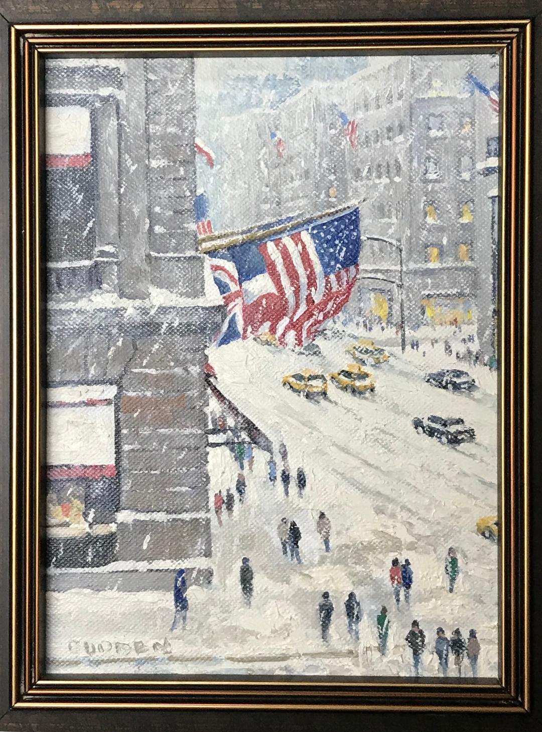 Winter Above Cartier's, Flags is an oil painting on panel by award winning contemporary artist Michael Budden that showcases the bustling life and a beautiful winter afternoon in New York City and the iconic Cartier flags. Painting is framed as