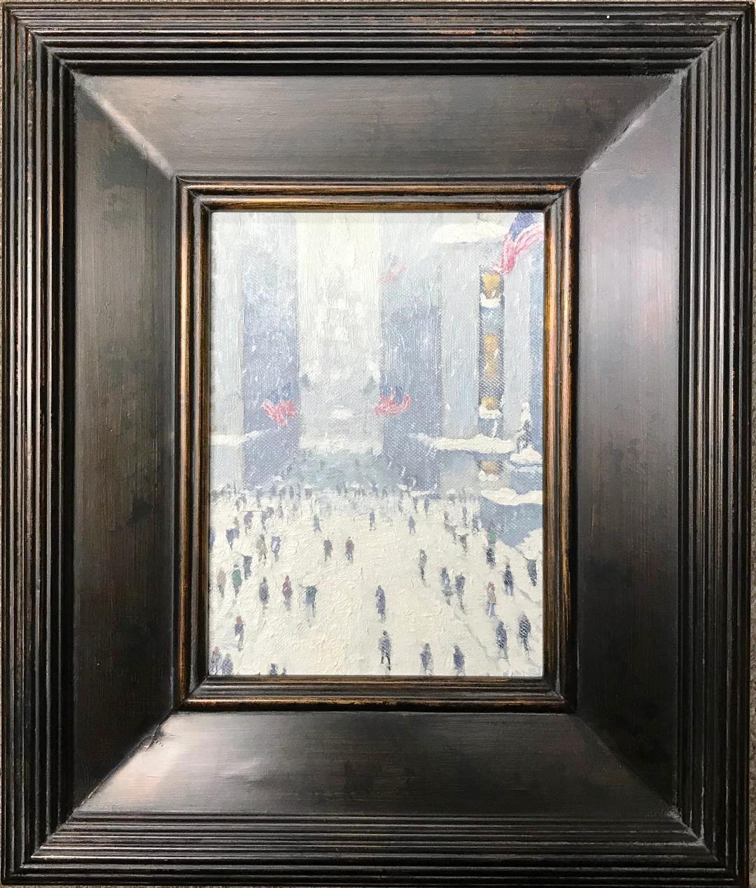 Winter Wall Street, American Flags is an oil painting on panel by award winning contemporary artist Michael Budden that showcases the bustling life and a beautiful winter afternoon in New York City with a view of the iconic Trinity Church and Wall