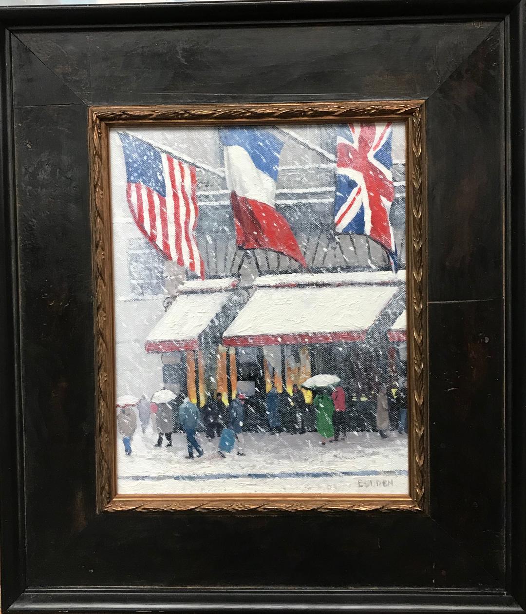 Michael Budden Landscape Painting - Winter At Cartier's, Iconic Flags, Contemporary Oil Painting of New York City
