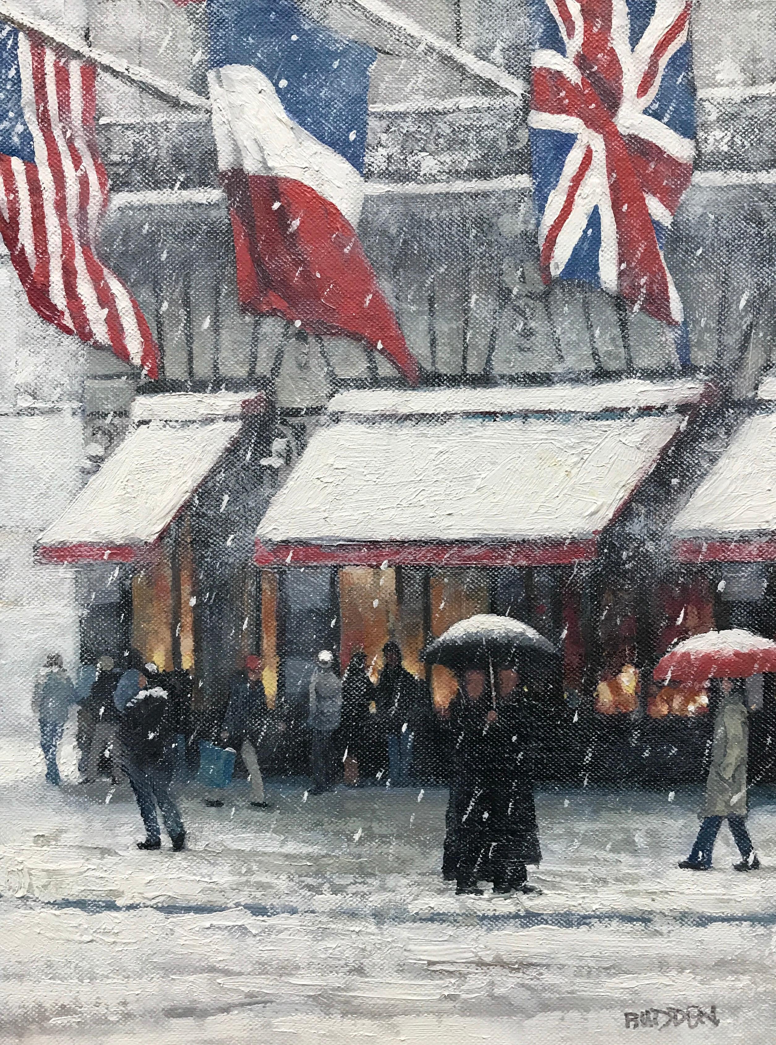 Winter At Cartier's, Iconic Flags, Contemporary Oil Painting of New York City - Black Landscape Painting by Michael Budden