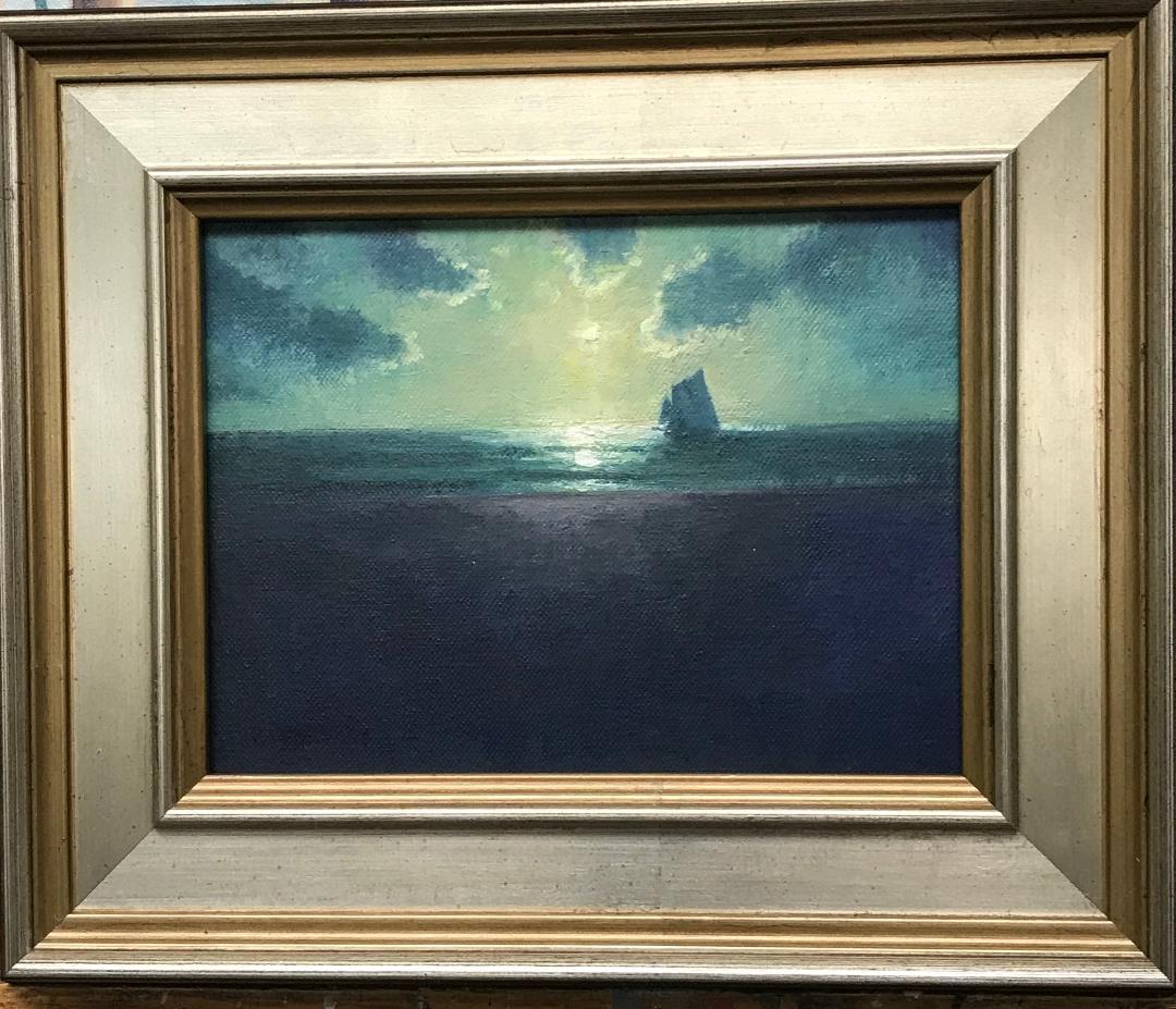 Moonlight Beach Path is an oil painting on panel by award winning contemporary artist Michael Budden that showcases a dramatic moonlight and sailing scene created in an impressionistic realism style. The image measure 8 x 6 and 9.75 x 11.75