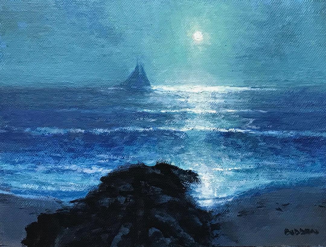  Moonlight Sailing Series, Contemporary Impressionistic Landscape Oil Painting - Black Landscape Painting by Michael Budden
