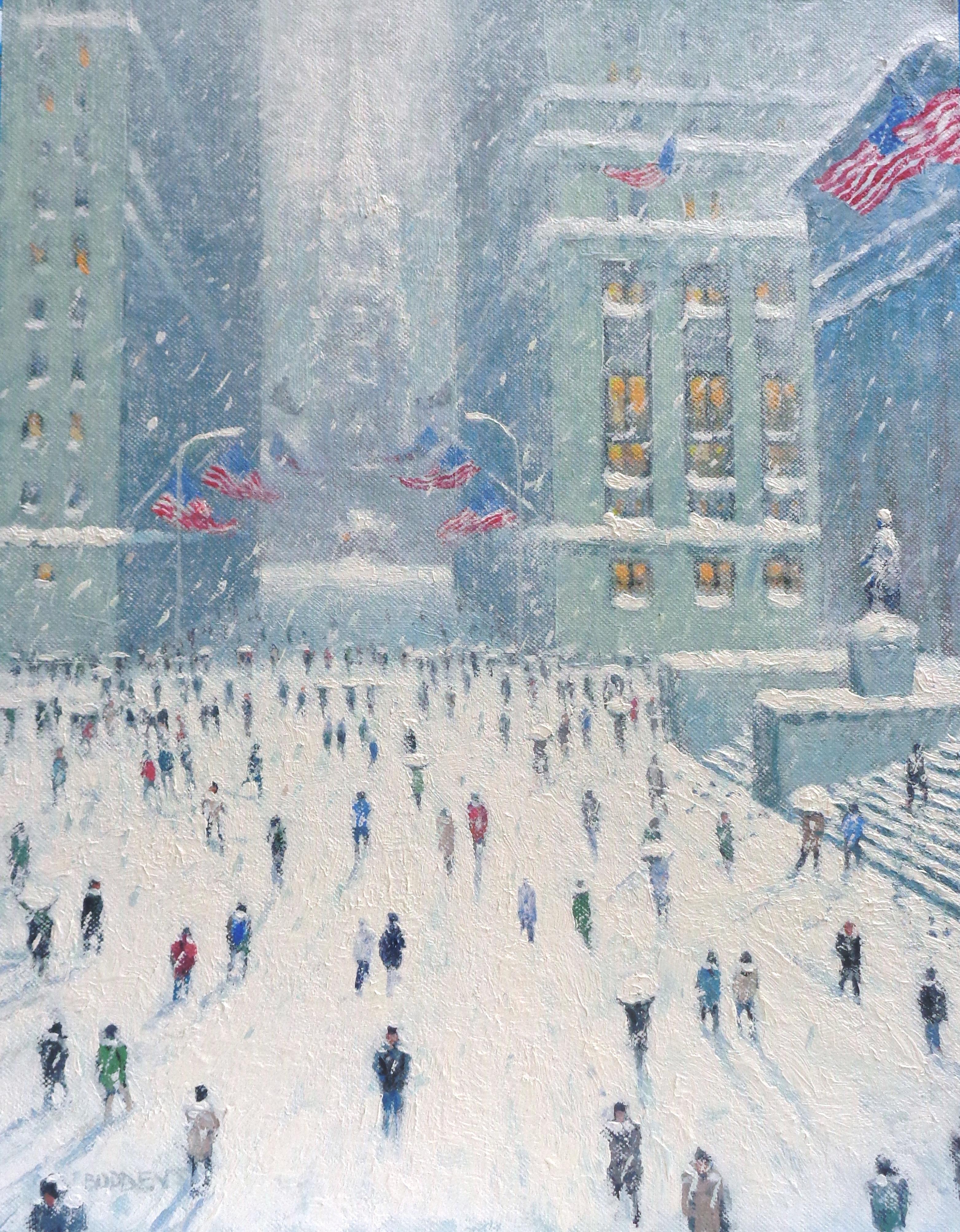  New York City Winter Wall Street Flags Oil Painting by Michael Budden 1