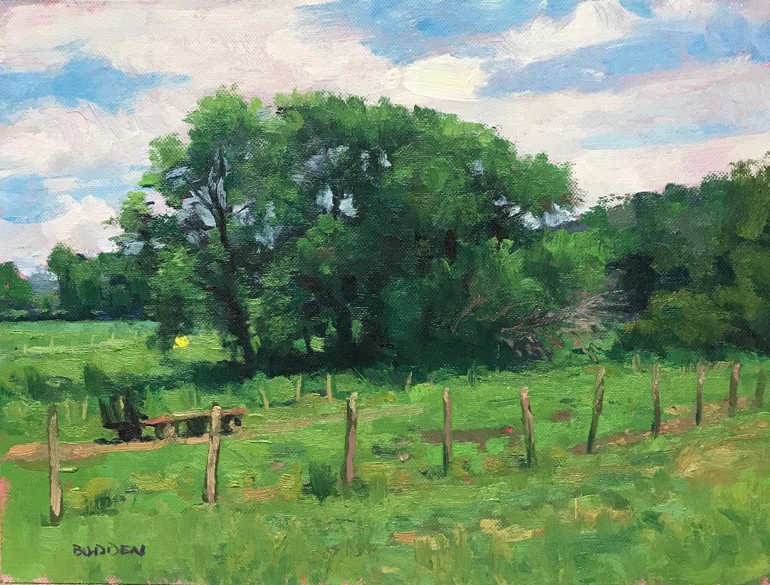 Summertime at Hlubiks is an oil painting on canvas that showcases the beautiful light of a summer day at one of my favorite places to paint in Chesterfield NJ, the Hlubiks farm. This painting was painted en plein air on location in an