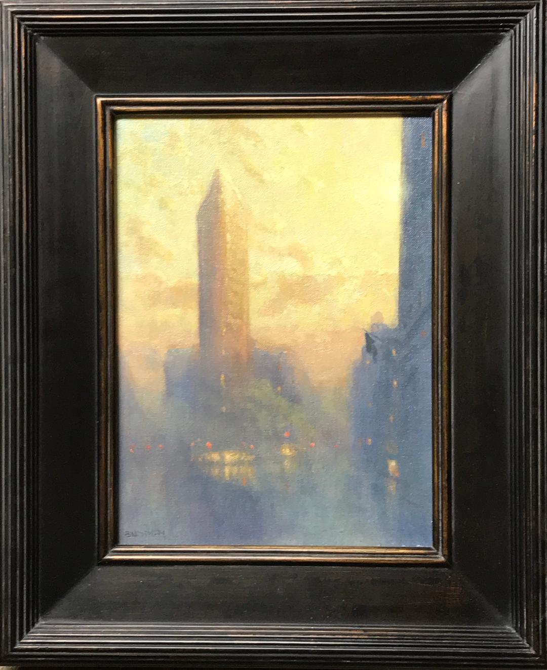 An oil painting on panel by award winning contemporary artist Michael Budden that showcases a view of the Flatiron at sunrise in  New York City. Painting image measure 12 x 9 unframed and 18.5 x 14.5 framed as is.
ARTIST'S STATEMENT
I have been in