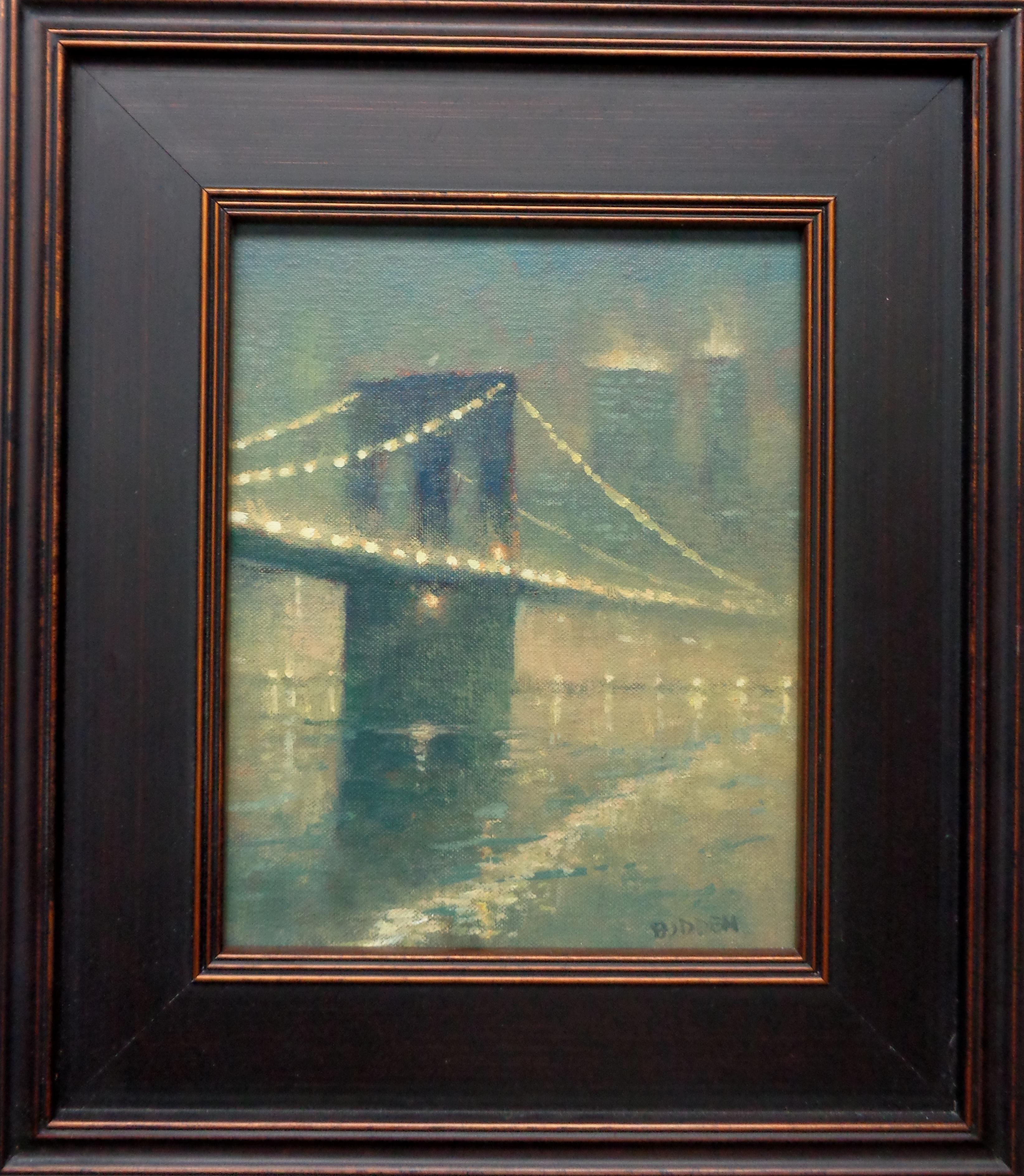 Foggy Evening Brooklyn Bridge is an oil painting on panel by award winning contemporary artist Michael Budden that showcases a view of the Brooklyn Bridge on a foggy evening in  New York City. Painting image measure 10 x 8 unframed and 16 x 13