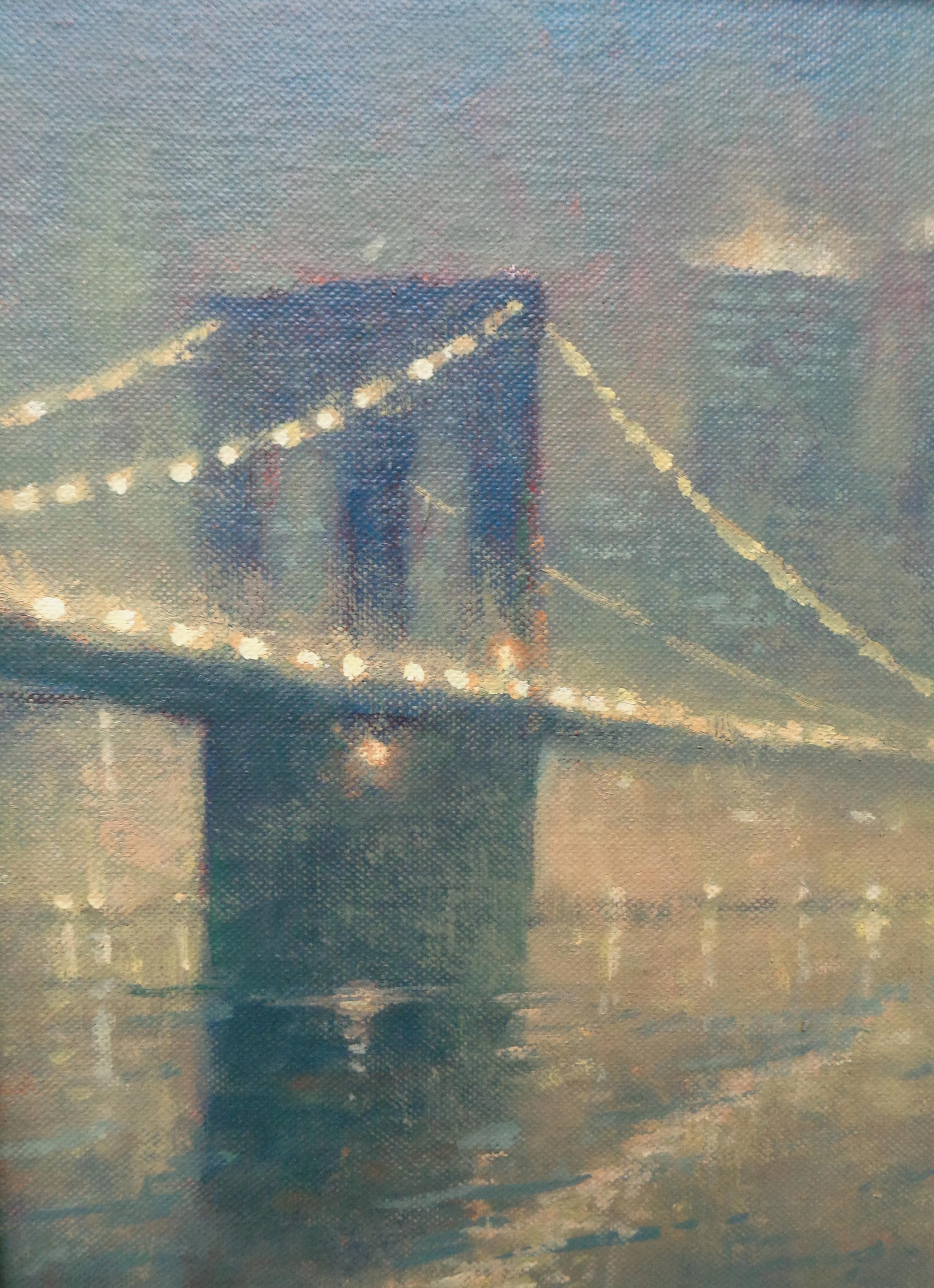 New York City Oil Painting by Michael Budden Foggy Evening Brooklyn Bridge 2