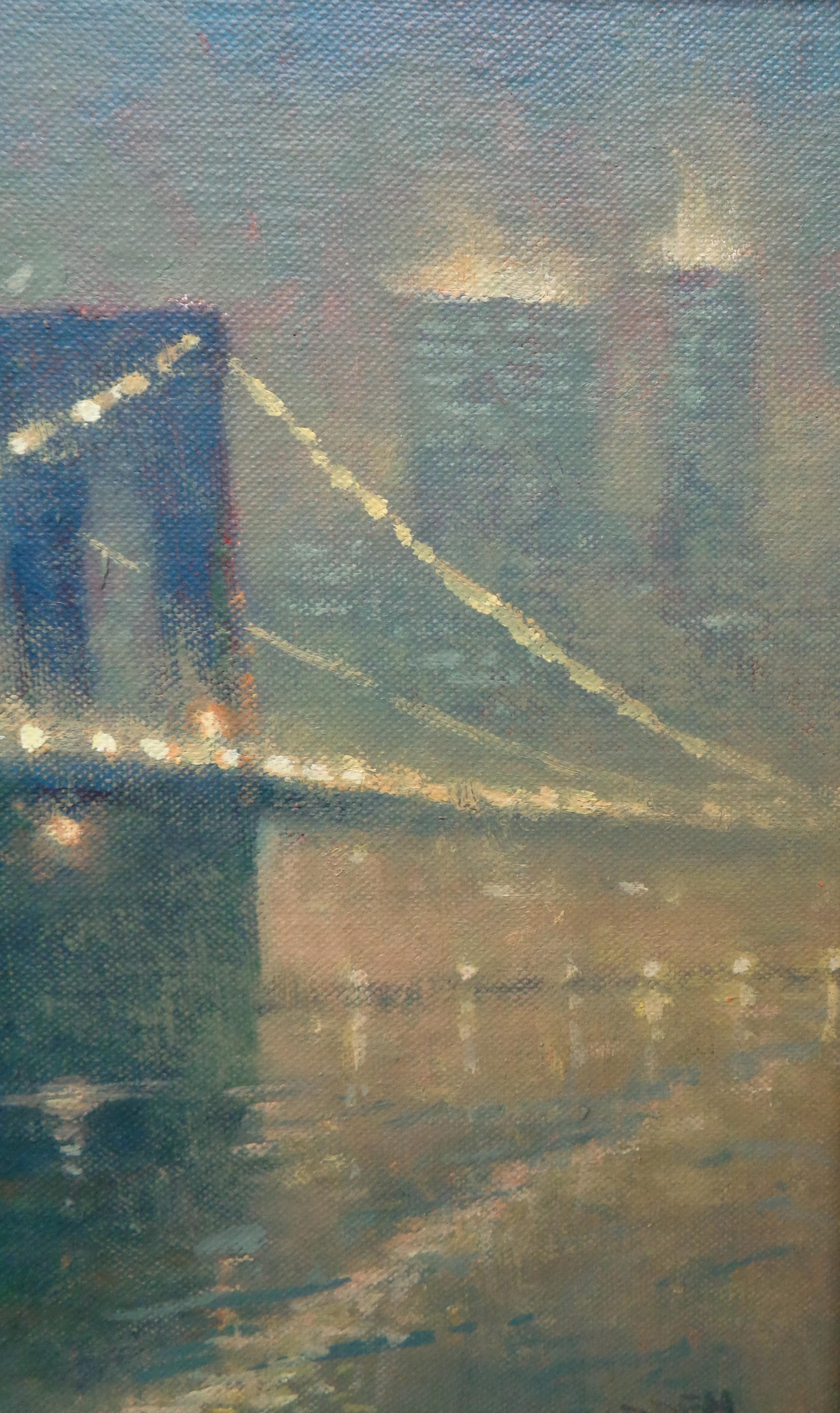 New York City Oil Painting by Michael Budden Foggy Evening Brooklyn Bridge 3