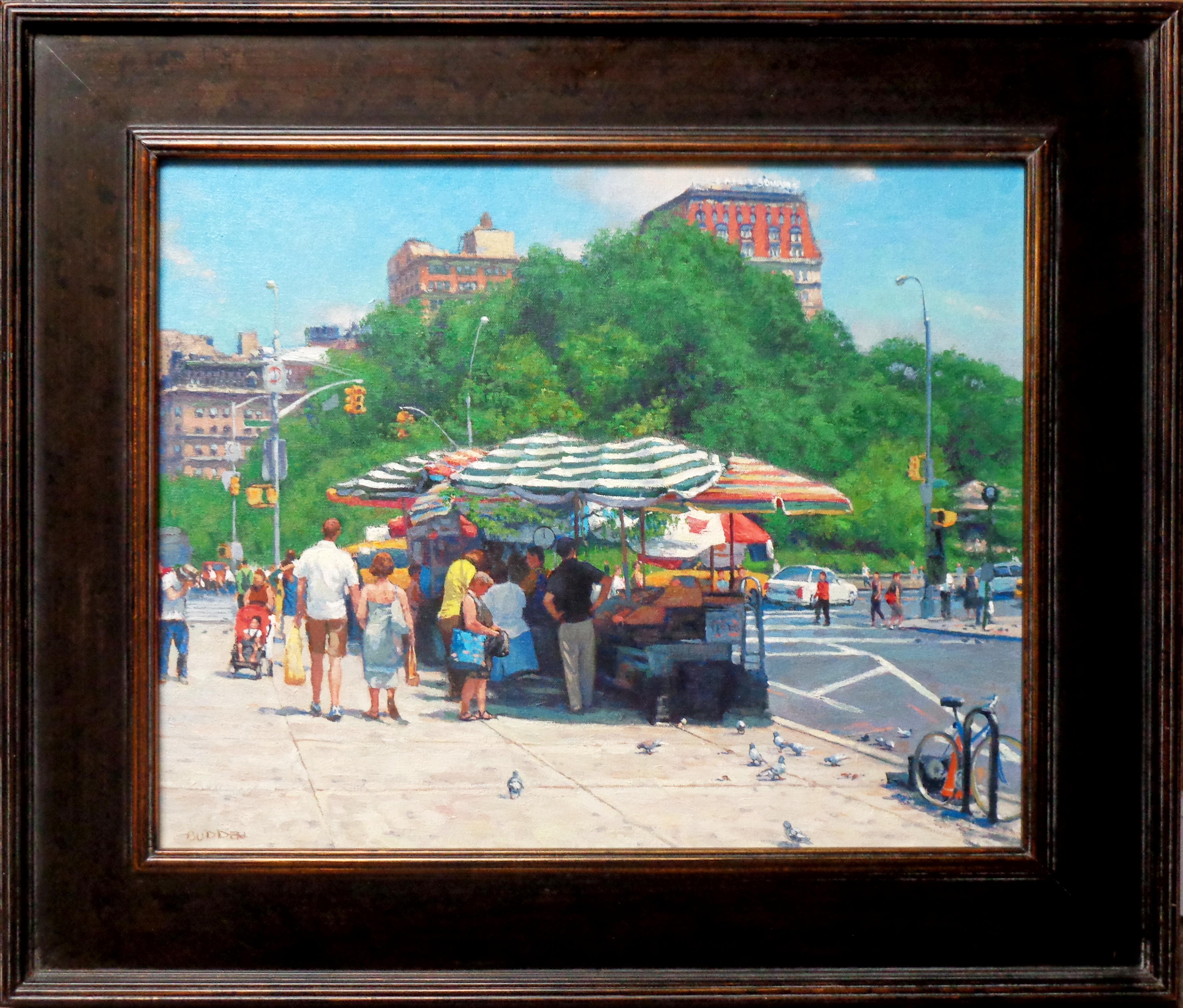 Summer, Union Sq and 14th Street. An oil painting on panel by award winning contemporary artist Michael Budden that showcases  a view of a bustling summer day at Union Square and 14th Street in New York City. Painting image size is 16 x 20 completed