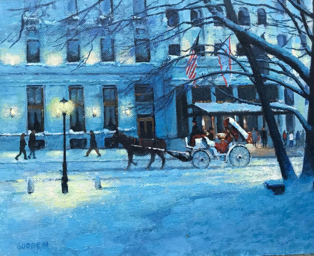 Evening Carriage Plaza Hotel is an oil painting on canvas panel by award winning contemporary artist Michael Budden that showcases the bustling life and a beautiful winter afternoon in New York City and the iconic carriage ride as it passes in front