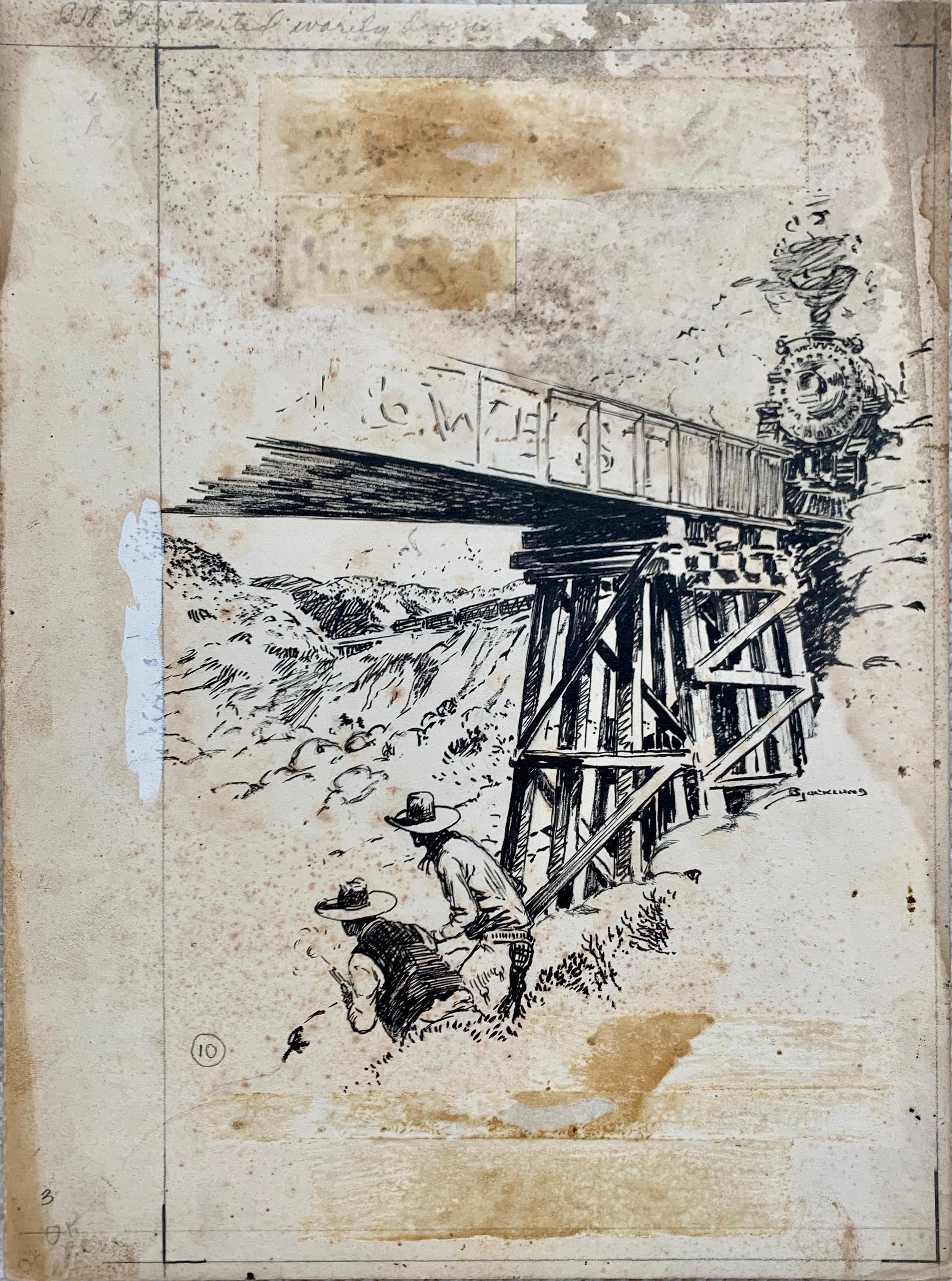 "A Gun Lawyer for CJ" by Swedish American pulp artist Lorence Bjorklund (1913 - 1978) is an ink drawing on illustration board representing what appears to be a gun battle under a viaduct somewhere in the "Wild West". 

Born in Minnesota, Bjorklund