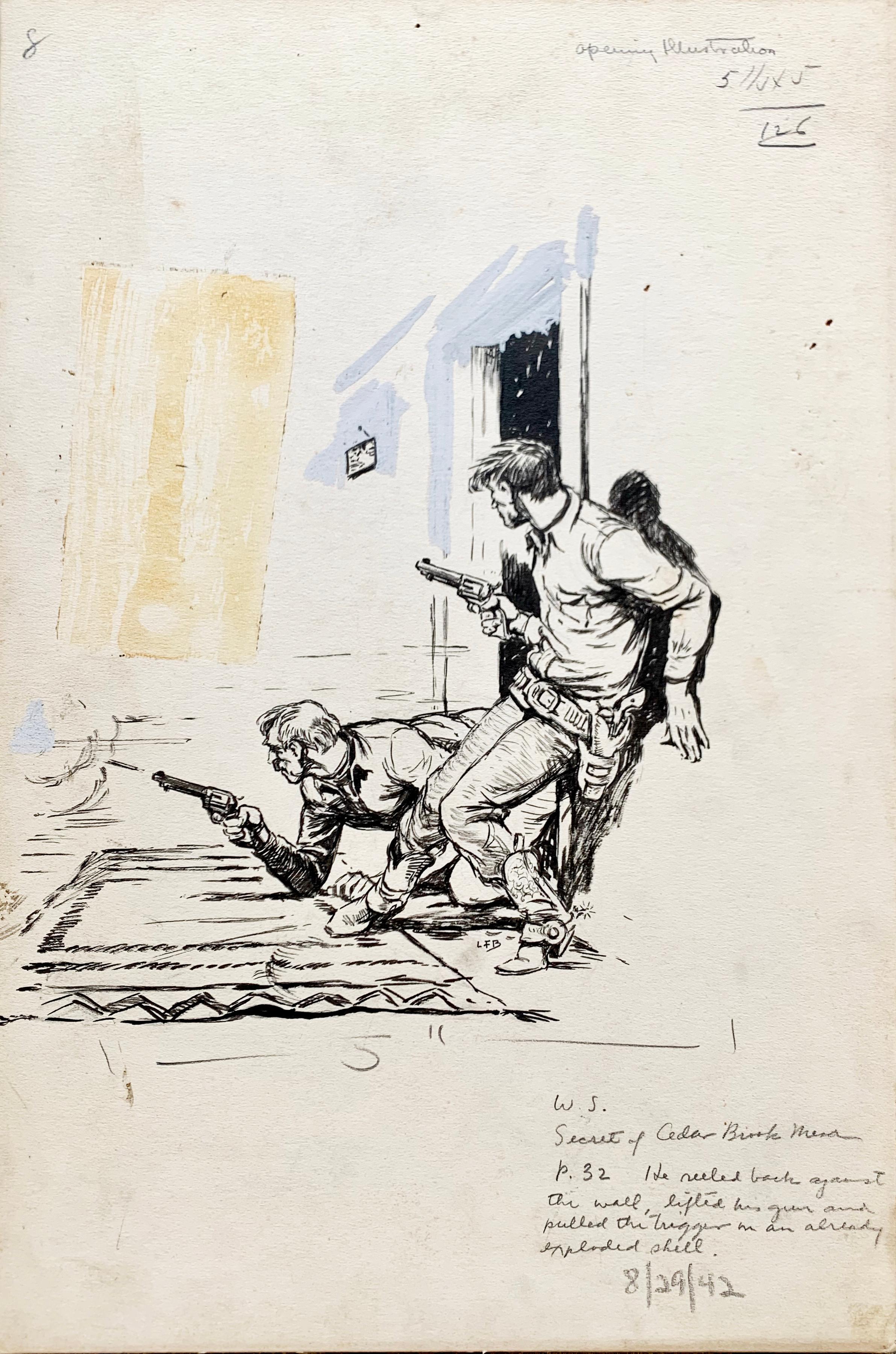 "Secret of Cedar Brook" by Swedish American pulp artist Lorence Bjorklund (1913 - 1978) is an ink drawing on illustration board representing two male figures involved in an indoor gun battle somewhere in the "Wild West". 

Born in Minnesota,