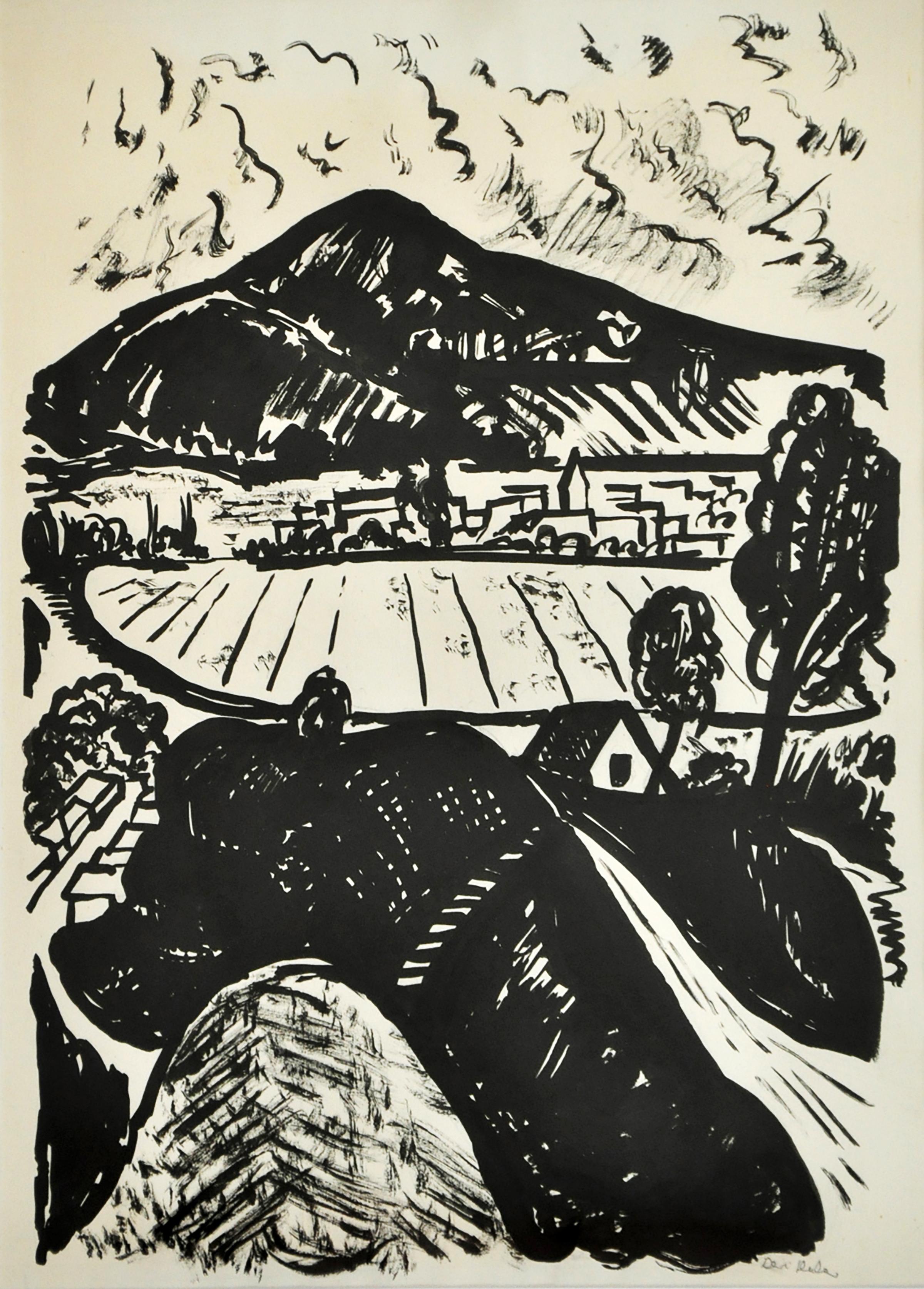 Dsi Huber Istvn « Ds Landscape », lavis d'origine à l'encre sur papier - Print de Dési Huber István