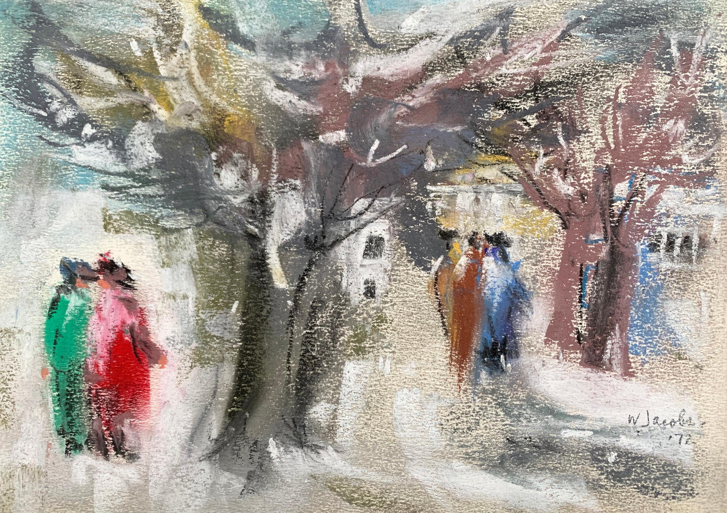 "A Stroll in the Park" du célèbre peintre de Chicago William Jacobs (1897 - 1973) est un pastel sur papier créé en 1970. L'œuvre est signée et datée au crayon par l'artiste et n'a jamais été encadrée.

Originaire de Chicago, William Jacobs a étudié
